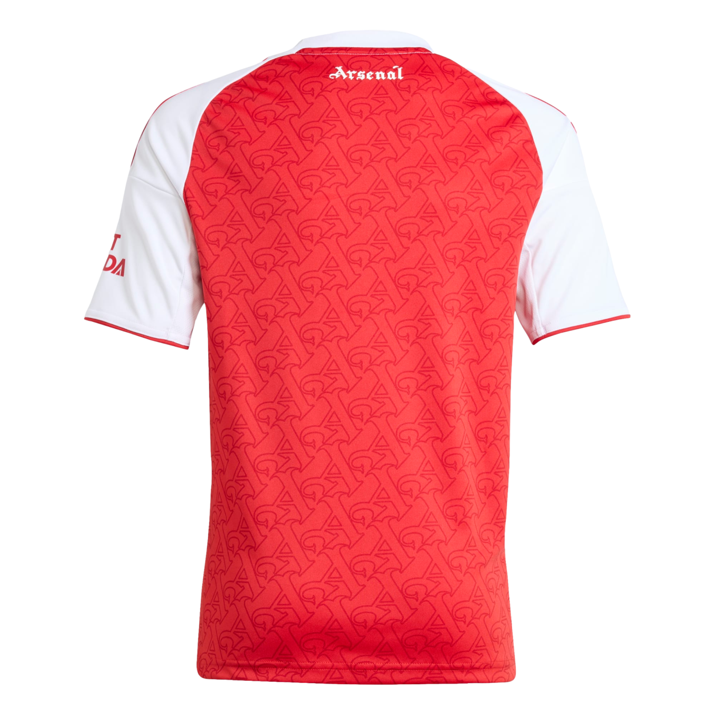 Rear of a red and white Arsenal jersey with a tonal monogram pattern and the word "Arsenal" in white script on the upper back.