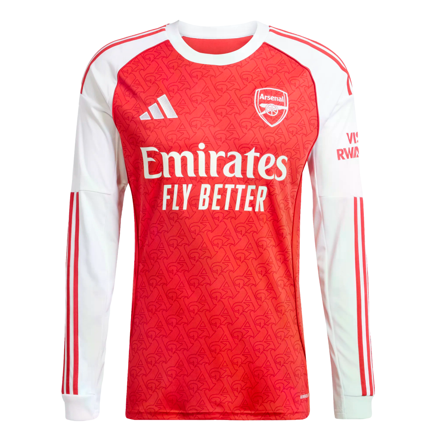 Long-sleeved Arsenal home jersey featuring a red patterned body, white sleeves with red stripes, the club crest, and Emirates sponsor logo.