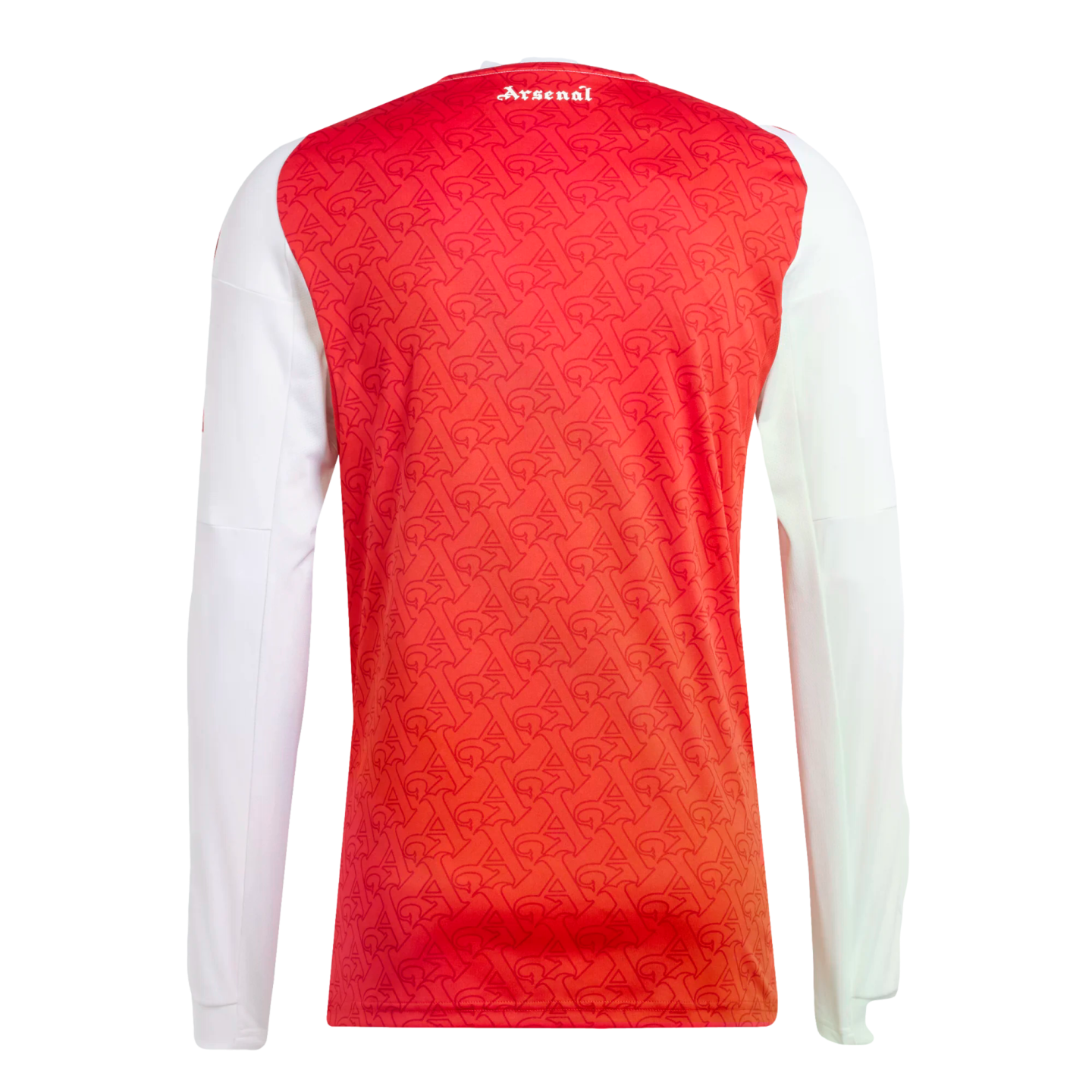 The back view of a long-sleeved red and white Arsenal football jersey. The red torso has a subtle repeating pattern, with "Arsenal" printed in white script at the back of the neck.