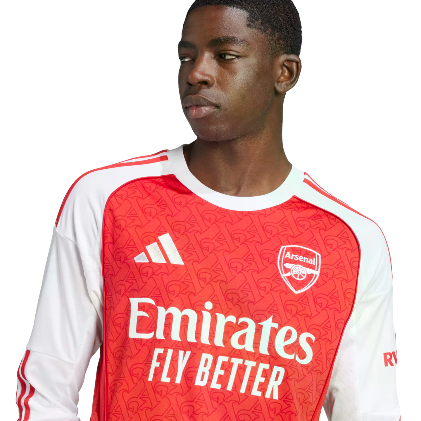 Close-up of a young man wearing a red and white Arsenal jersey with an Adidas logo and "Emirates FLY BETTER" text, looking sideways against a white background.
