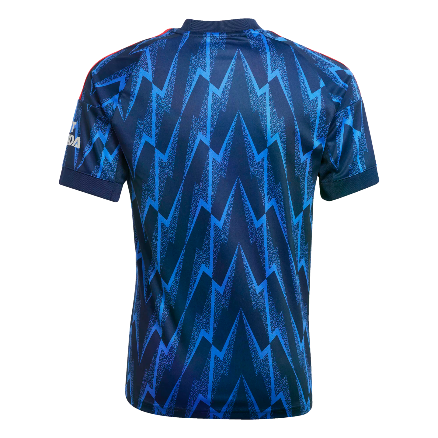 Back view of a navy and bright blue football jersey featuring a jagged lightning bolt pattern and red stripes on the shoulders.
