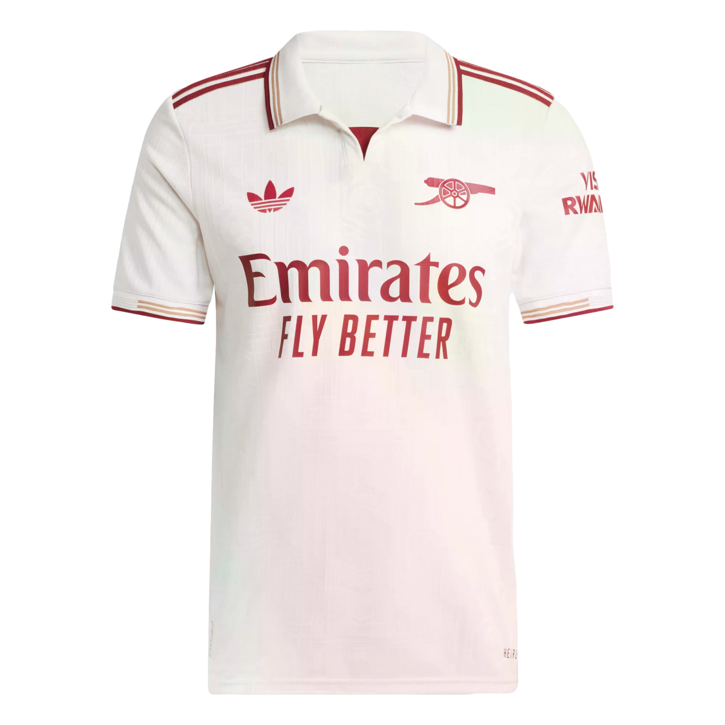 White Arsenal football jersey with a maroon-trimmed polo collar. Features the Adidas Trefoil, Arsenal cannon crest, and "Emirates FLY BETTER" sponsor logo in maroon.