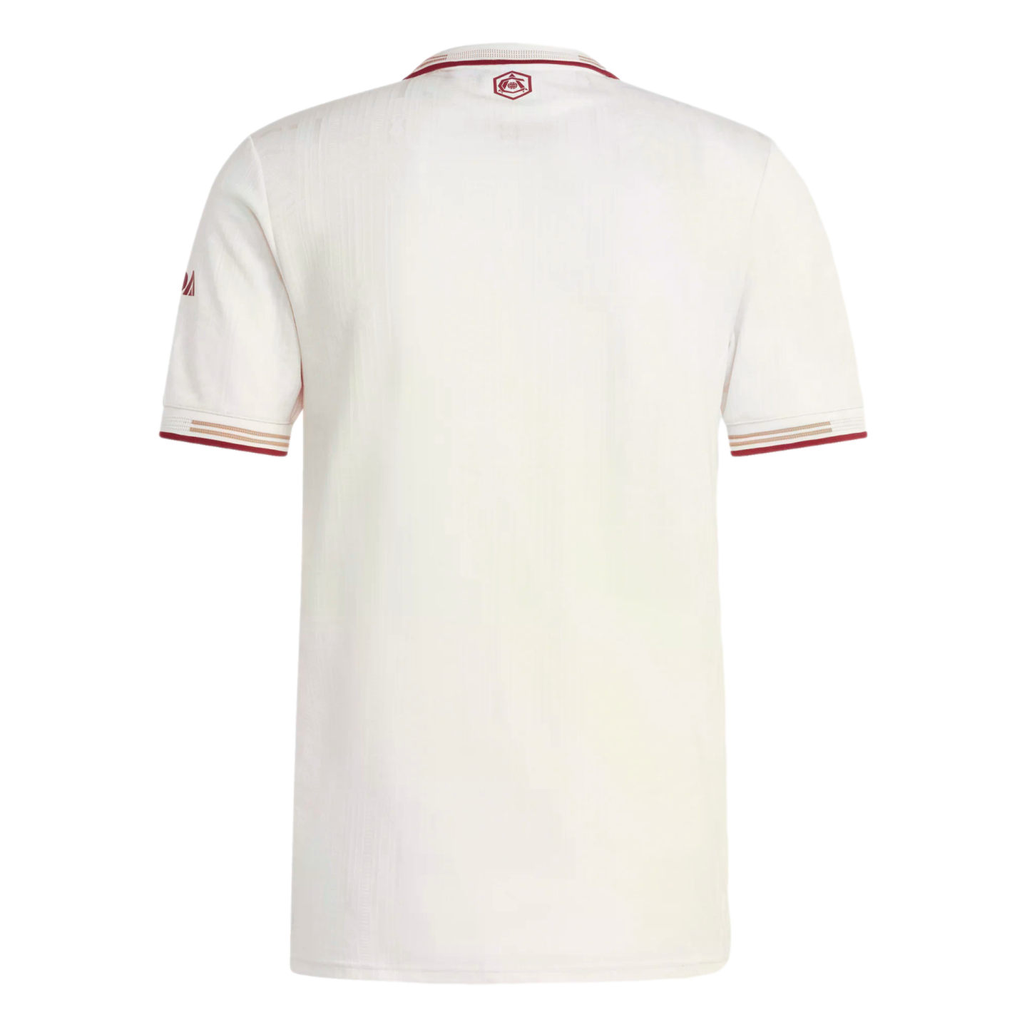Back view of a white short-sleeved jersey with maroon and gold striped accents on the collar and sleeve cuffs, and a small logo on the upper back.