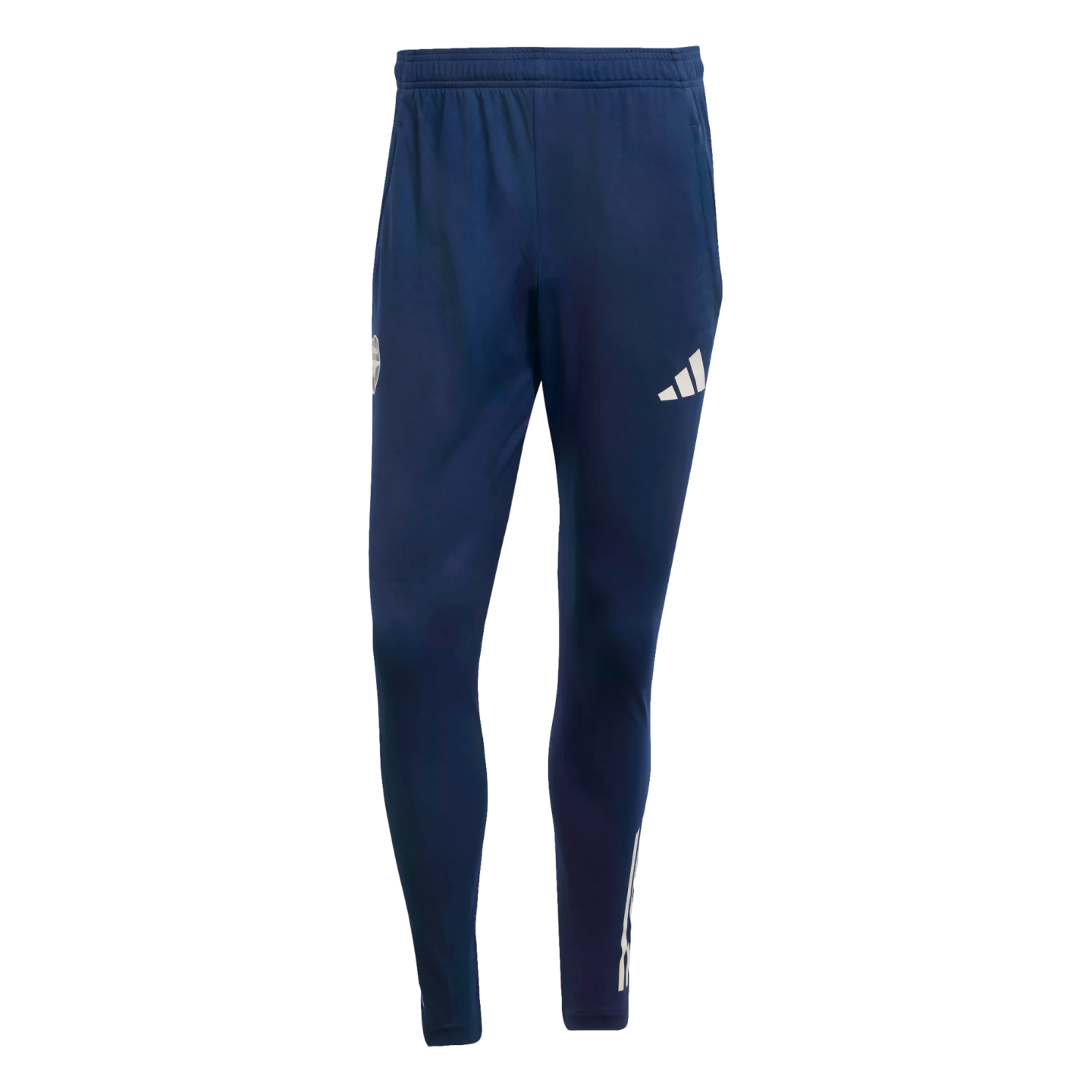 Navy blue Adidas track pants featuring a white logo on the left thigh and a crest on the right, shown against a solid black background.