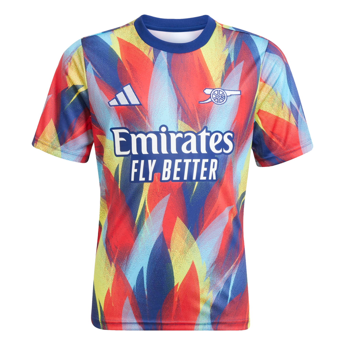 Vibrant Arsenal soccer jersey with a red, blue, and yellow abstract feather pattern. Features the Adidas logo, team crest, and "Emirates FLY BETTER" sponsor.