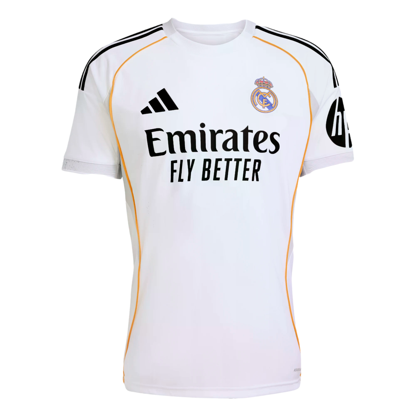 A white Real Madrid 2024/25 home jersey featuring the club crest, Adidas and Emirates logos, an HP sleeve sponsor, and orange trim along the sides.