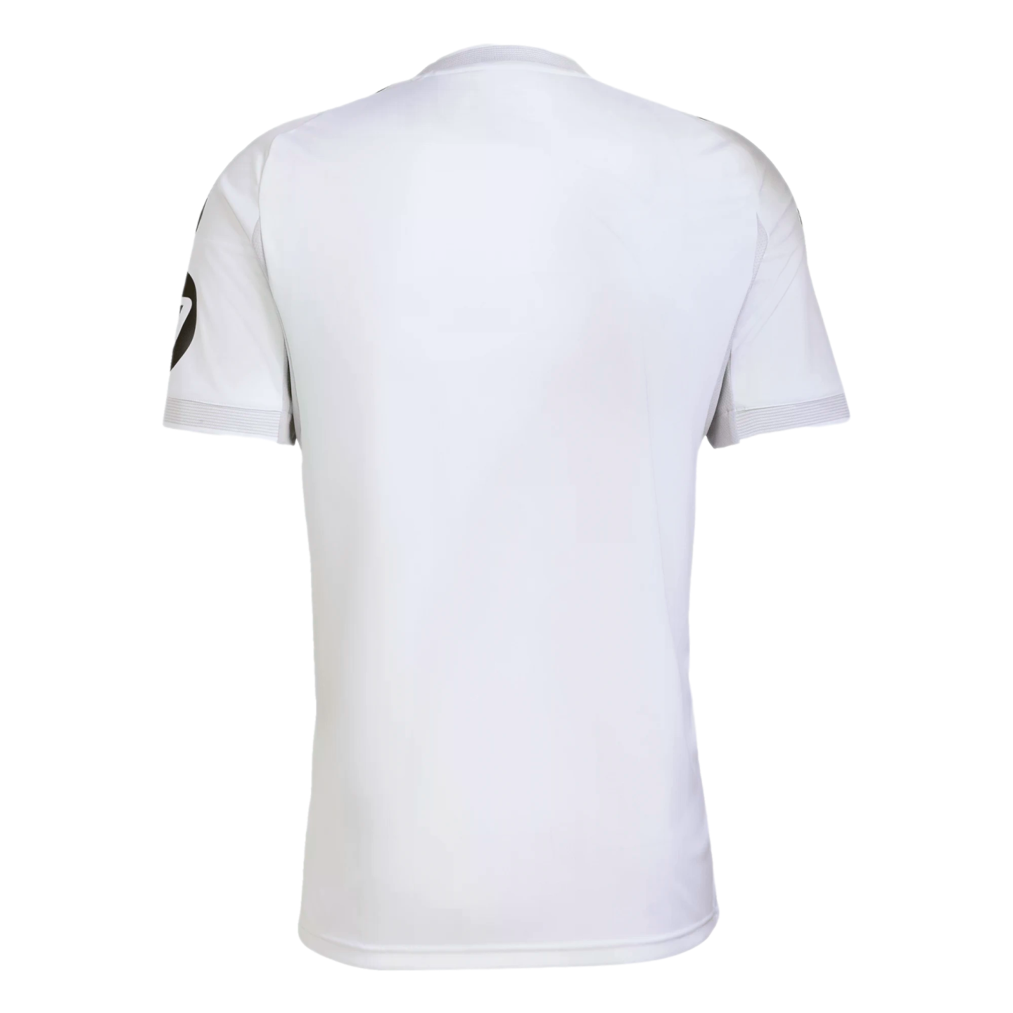 Rear view of a plain white short-sleeved athletic t-shirt with a small black logo on the left sleeve.