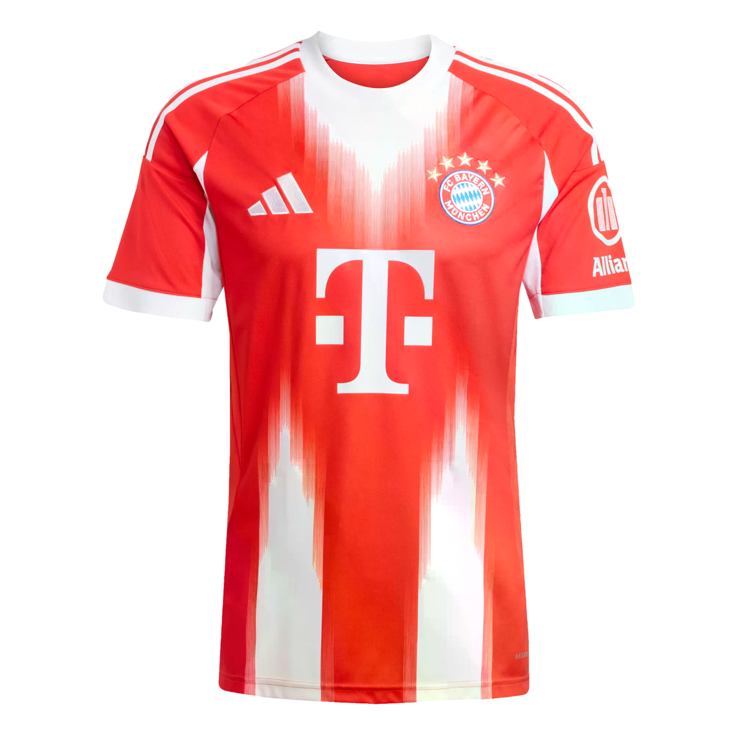 Red FC Bayern Munich home jersey with jagged white vertical stripes, featuring the Adidas logo, club crest, and white 'T' sponsor logo.