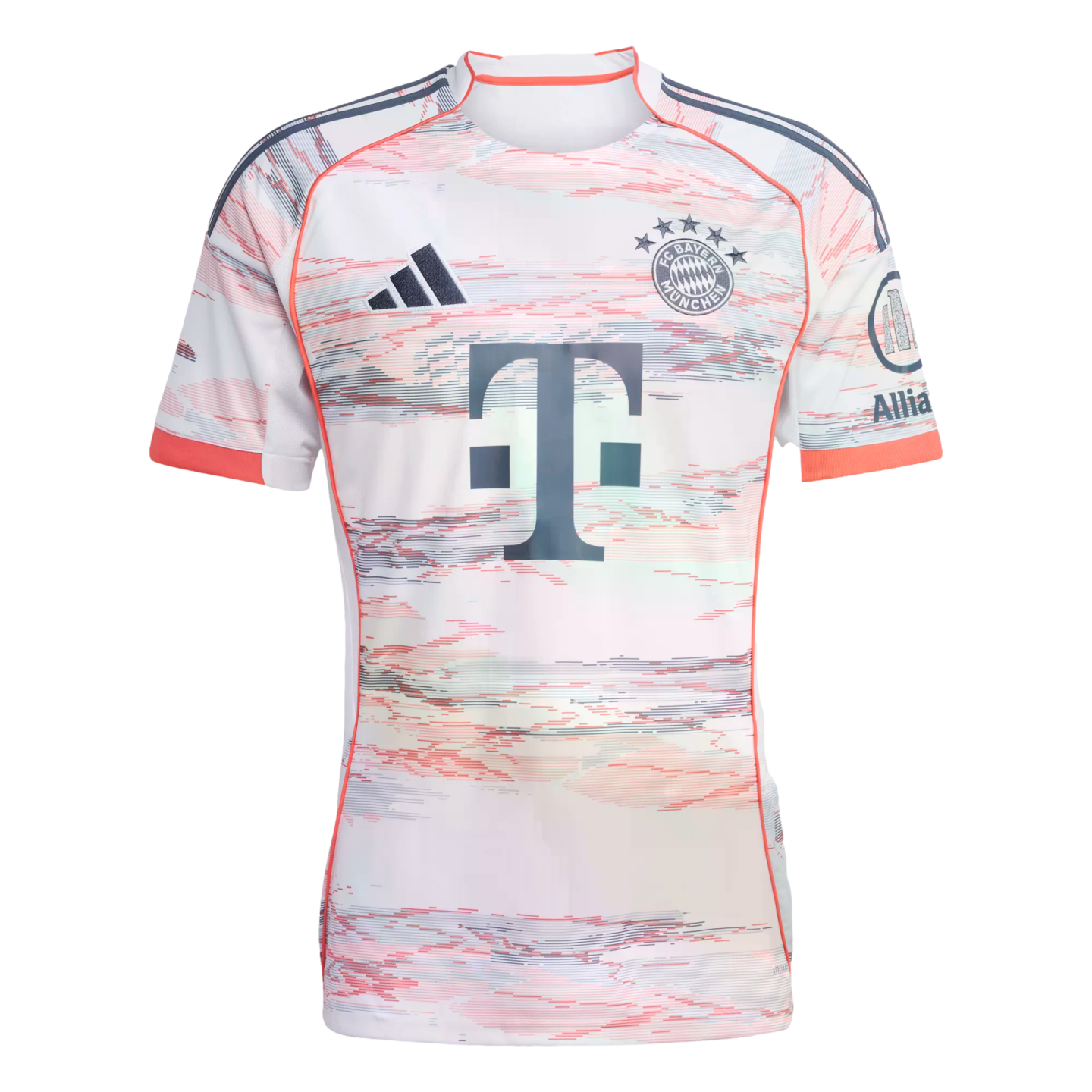 White Bayern Munich soccer jersey with a faint multicolored pattern, a large navy "T" logo, club and Adidas crests, and orange-red trim.
