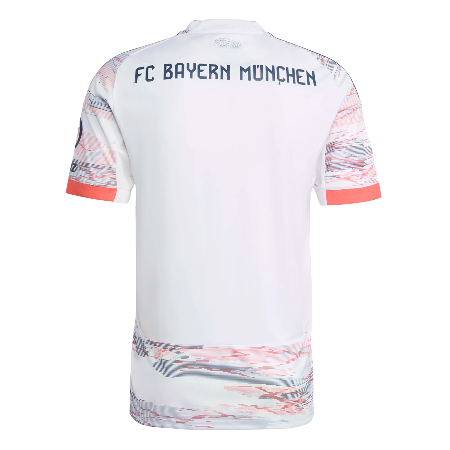 Back of a white FC Bayern München jersey with orange and gray patterns on sleeves and hem.