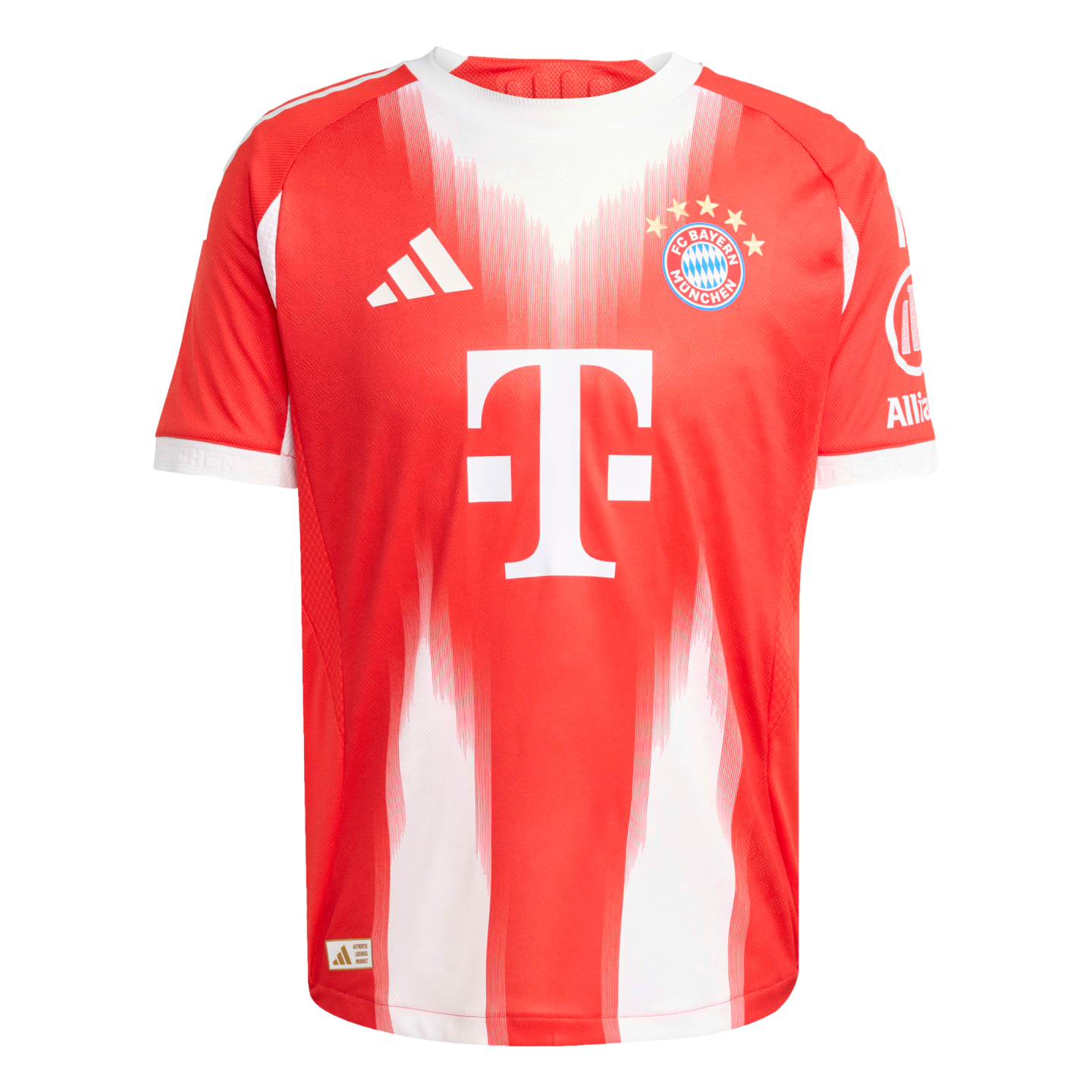 Red and white FC Bayern Munich Adidas home soccer jersey featuring vertical brushstroke stripes, the club crest, and a large white "T" sponsor logo.