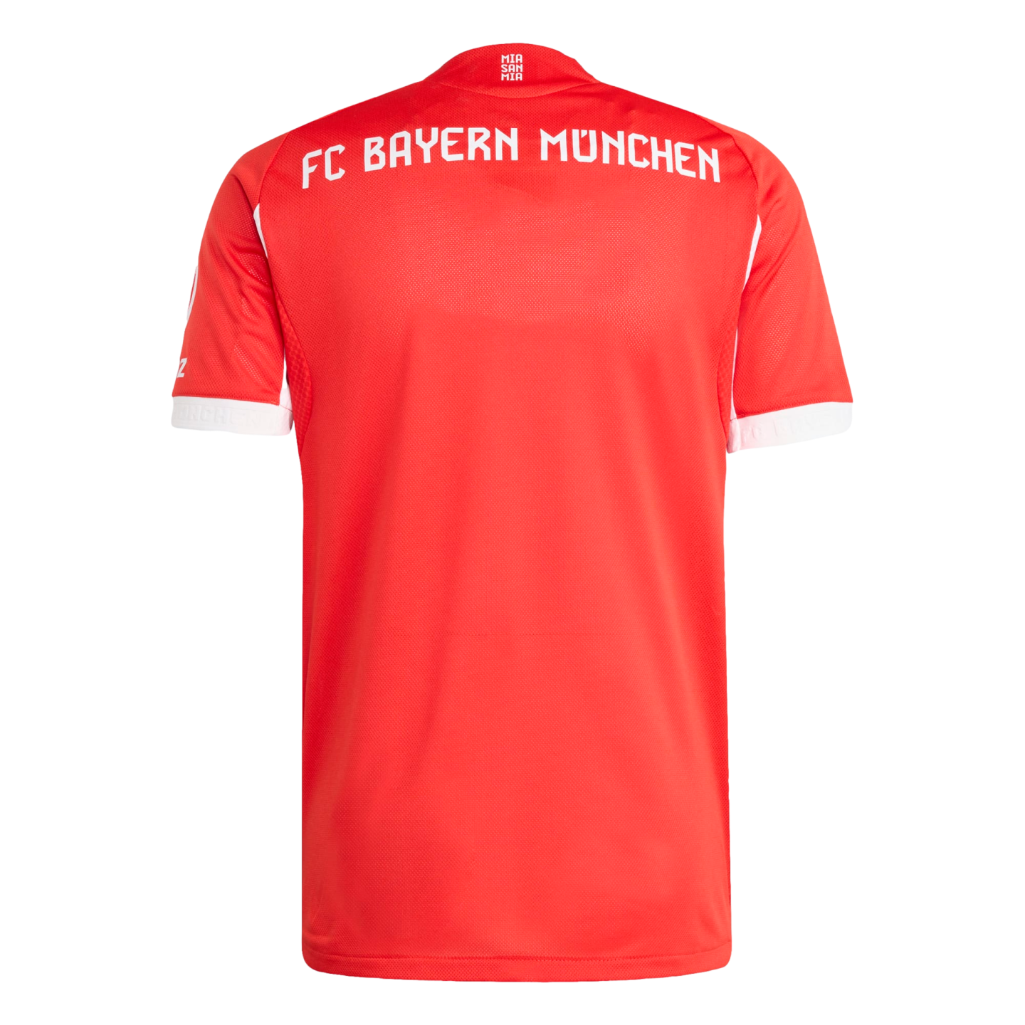 The back view of a red FC Bayern München soccer jersey with white lettering across the shoulders, white sleeve cuffs, and a small "MIA SAN MIA" logo on the back collar.