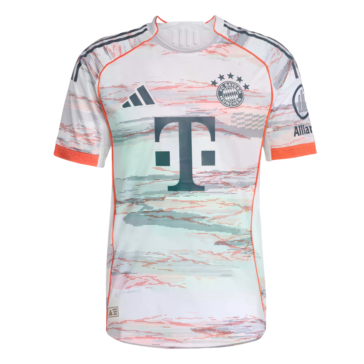 FC Bayern Munich white soccer jersey with a multicolored brushstroke pattern, featuring the team crest, Adidas logo, and T-Mobile sponsor logo, accented with orange trim.
