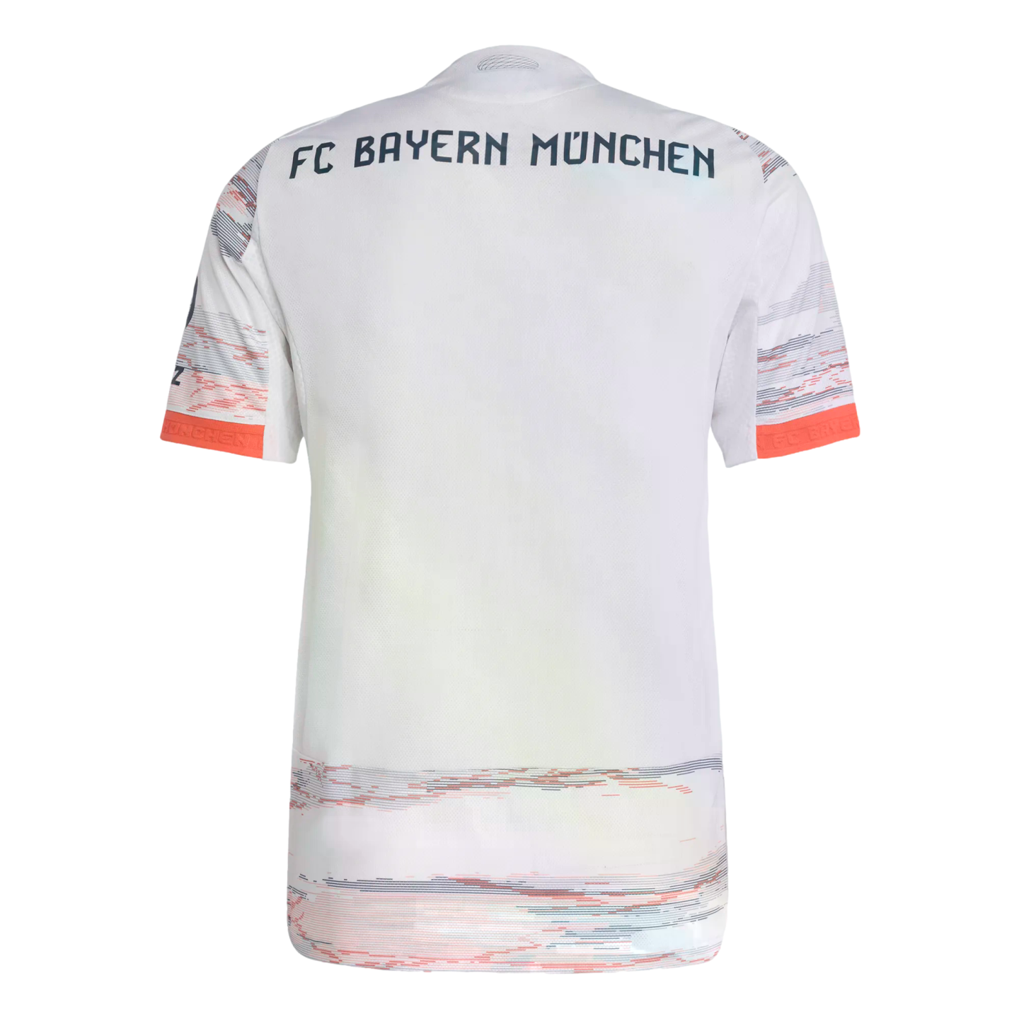 Back view of a white FC Bayern München jersey with dark blue text and orange and grey linear patterned accents on the lower back and sleeves.
