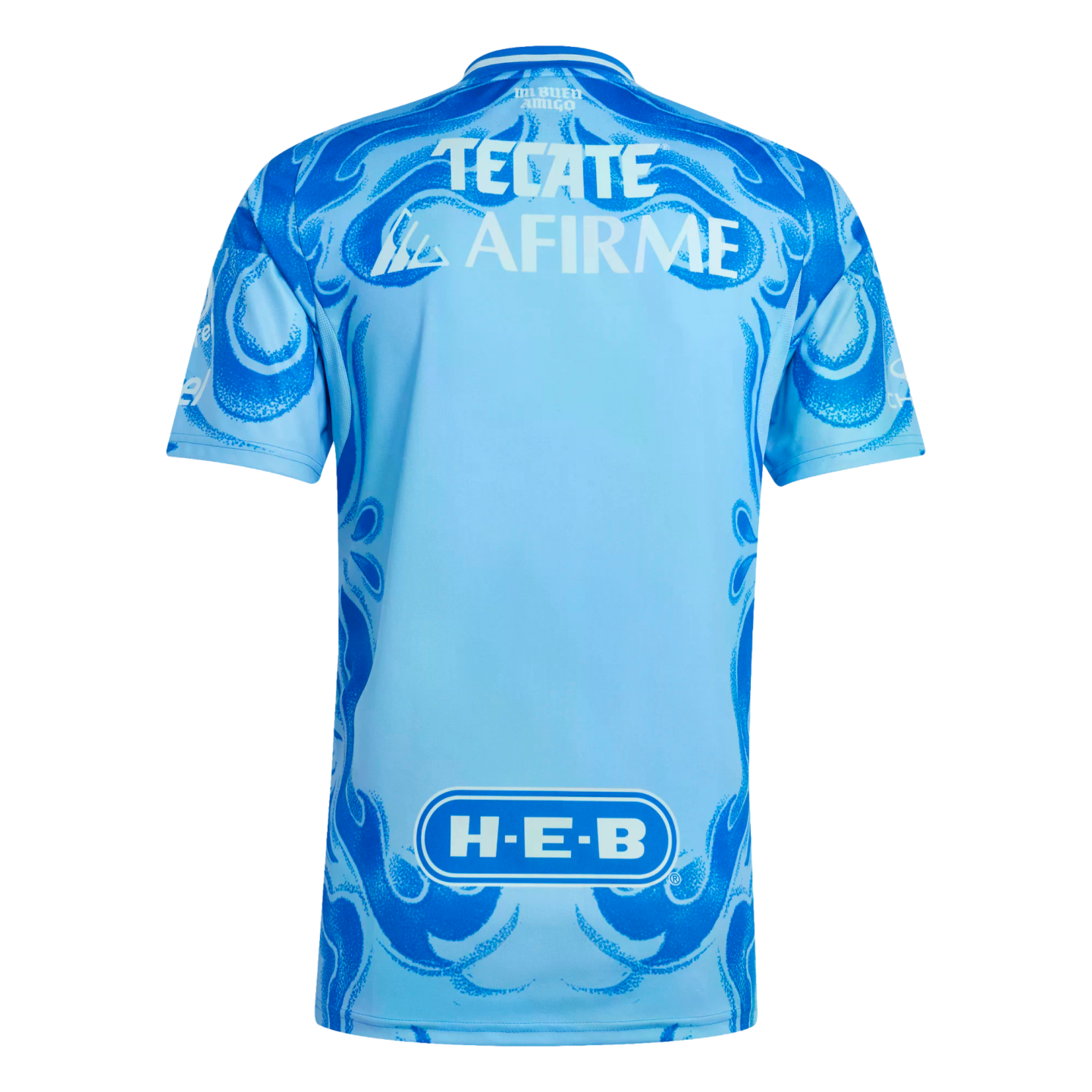The back of a light blue soccer jersey with dark blue swirling patterns and white sponsor logos for Tecate, Afirme, and H-E-B.