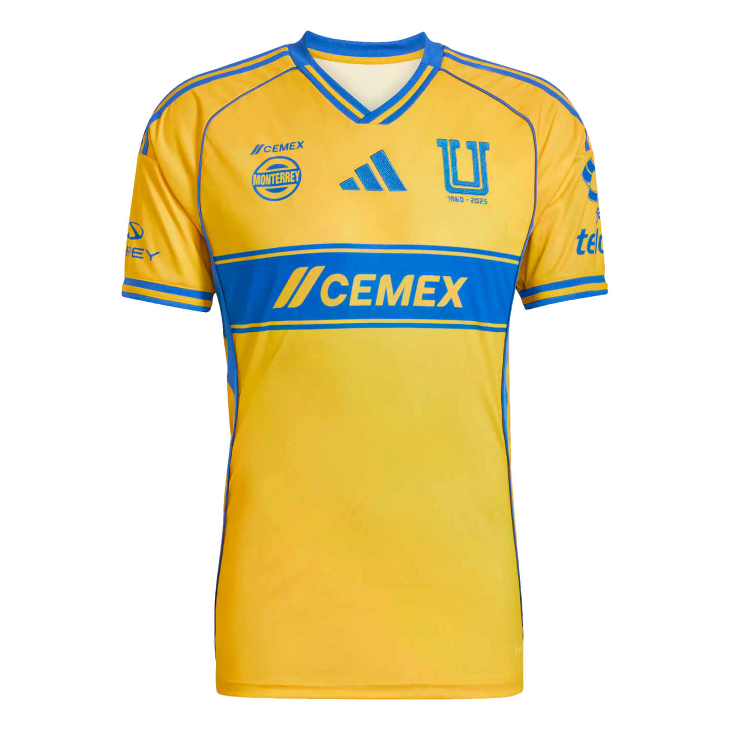Tigres UANL yellow home jersey with a blue chest band featuring the CEMEX logo, blue Adidas logo, and club crests. The jersey has a blue V-neck and sleeve trim.