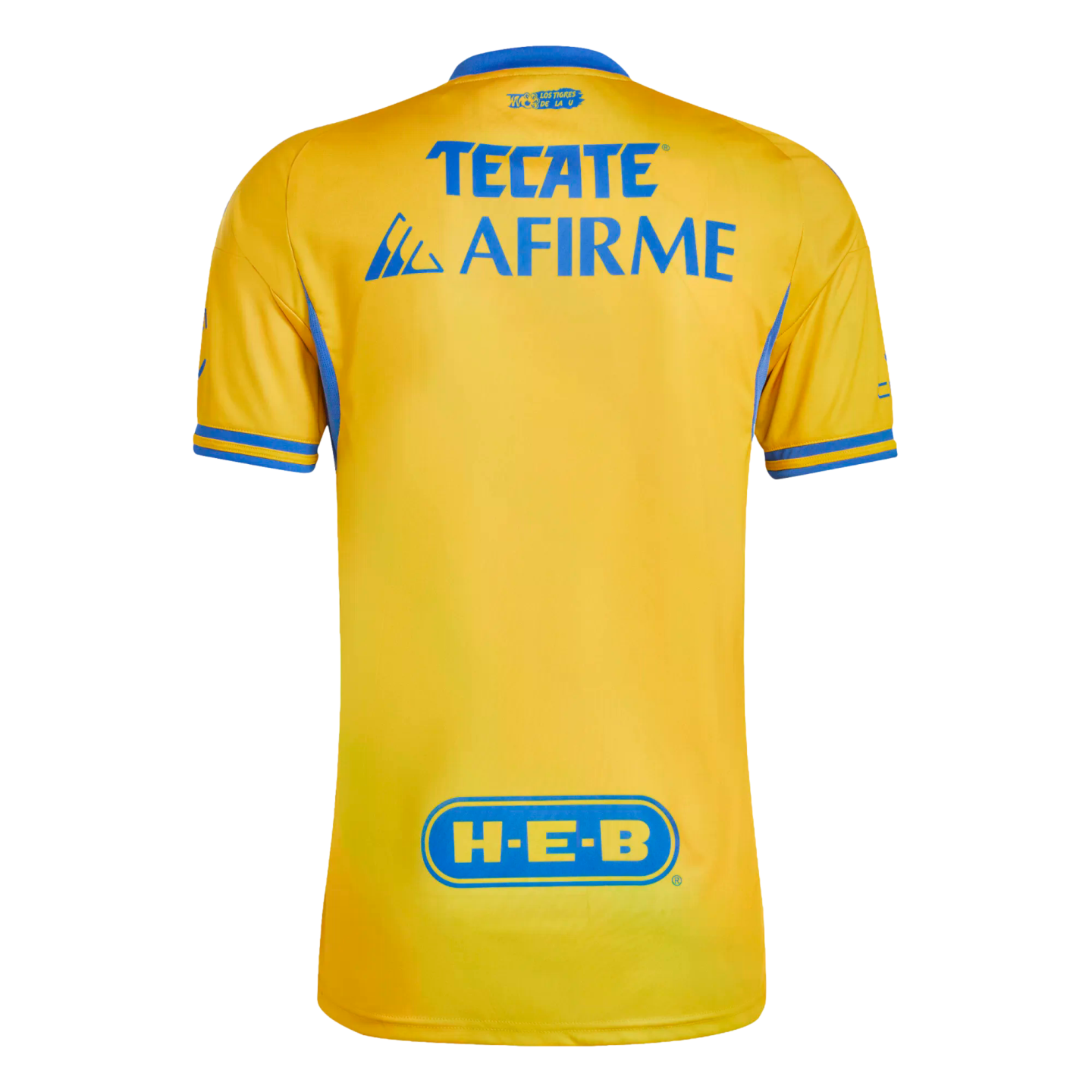 The back view of a yellow Tigres UANL soccer jersey featuring blue trim and sponsor logos for Tecate, Afirme, and H-E-B.