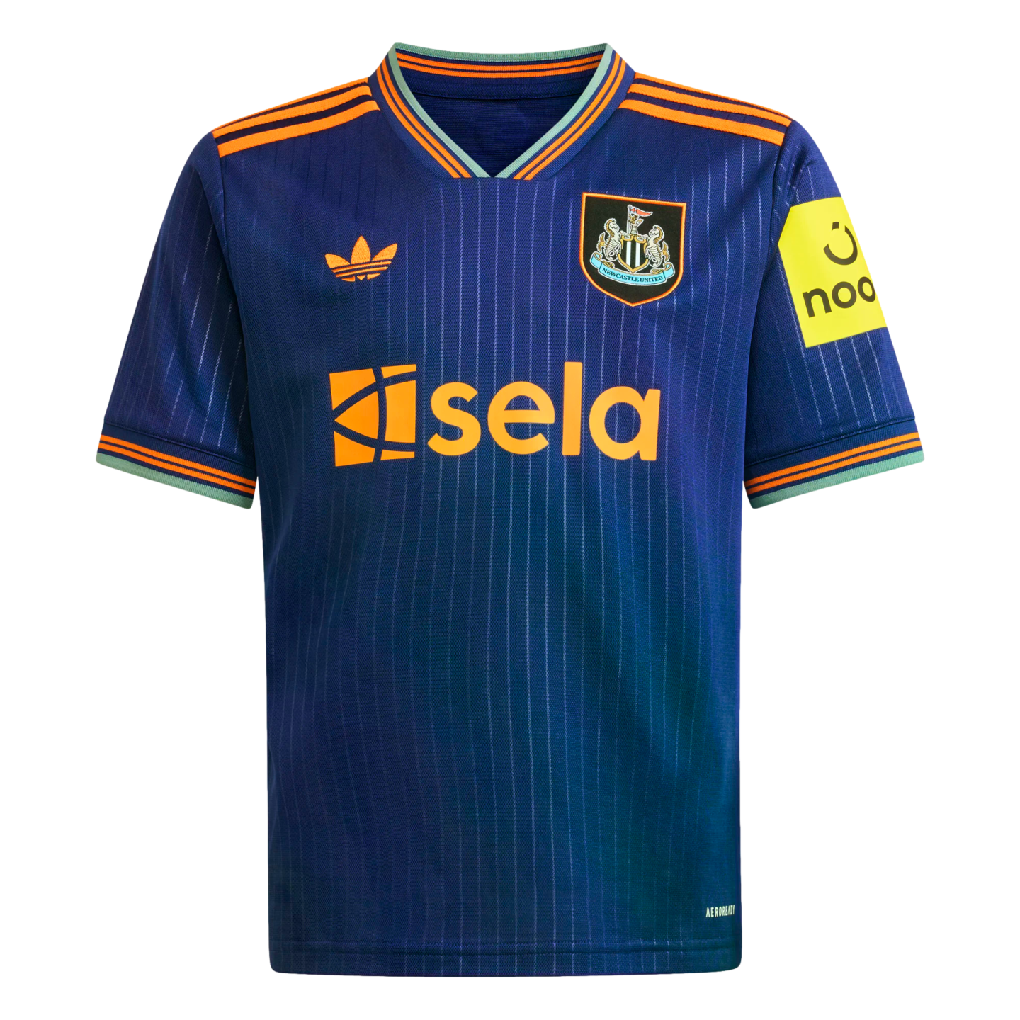 Blue Newcastle United Adidas jersey with orange trim and pinstripes. Features the club crest, orange Adidas trefoil logo, and Sela sponsor logo on the front.