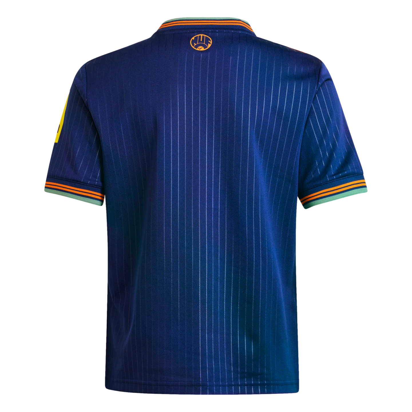 Back of a navy blue pinstriped short-sleeved jersey with orange and light green striped trim on collar and cuffs, and a small orange circular logo on the upper back.