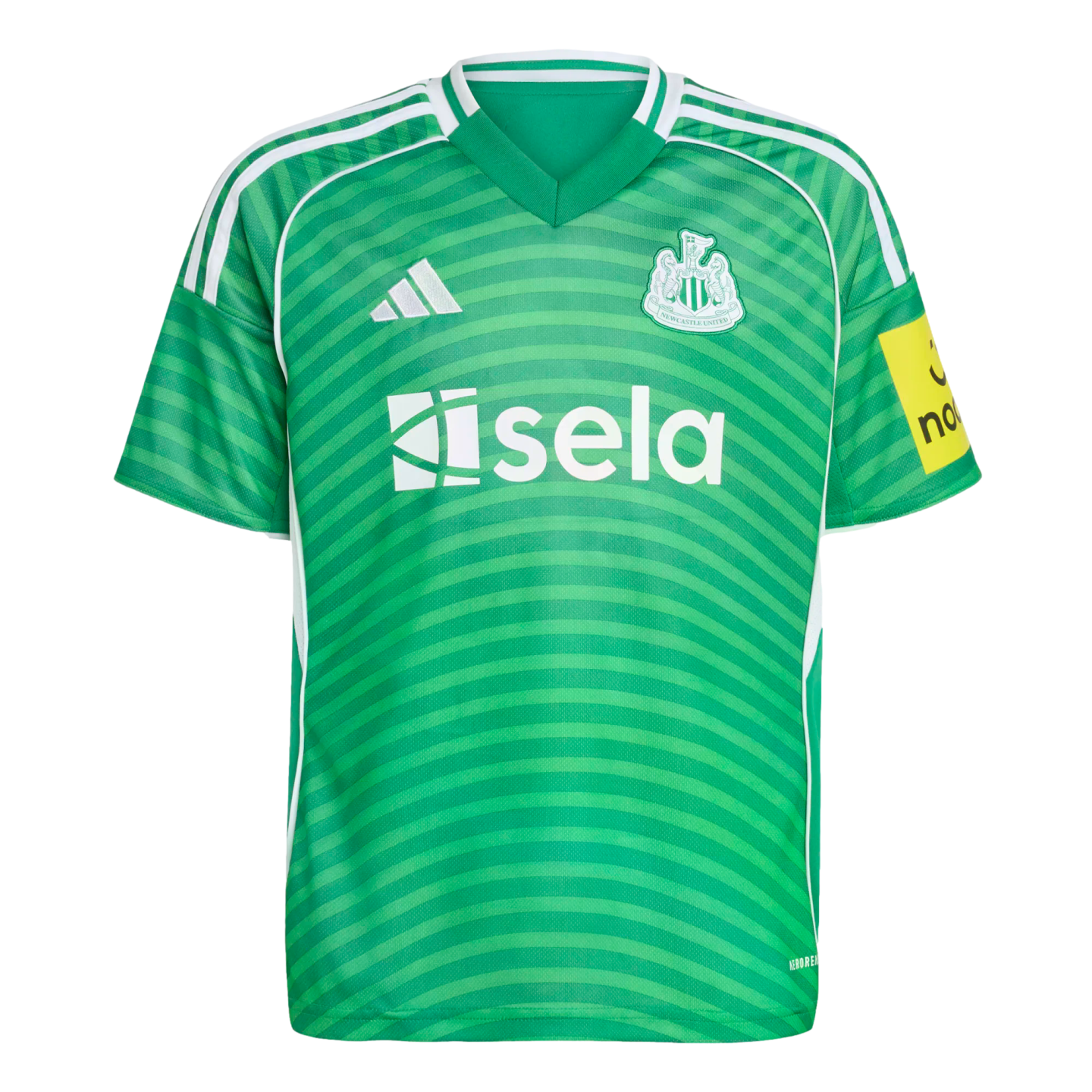 A green striped Newcastle United goalkeeper jersey with white club crest, Adidas logo, and sela sponsor.