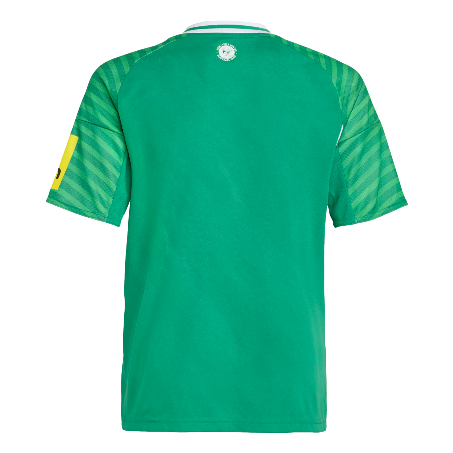 Back view of a green Newcastle United football jersey featuring striped raglan sleeves and a small club crest on the upper back.