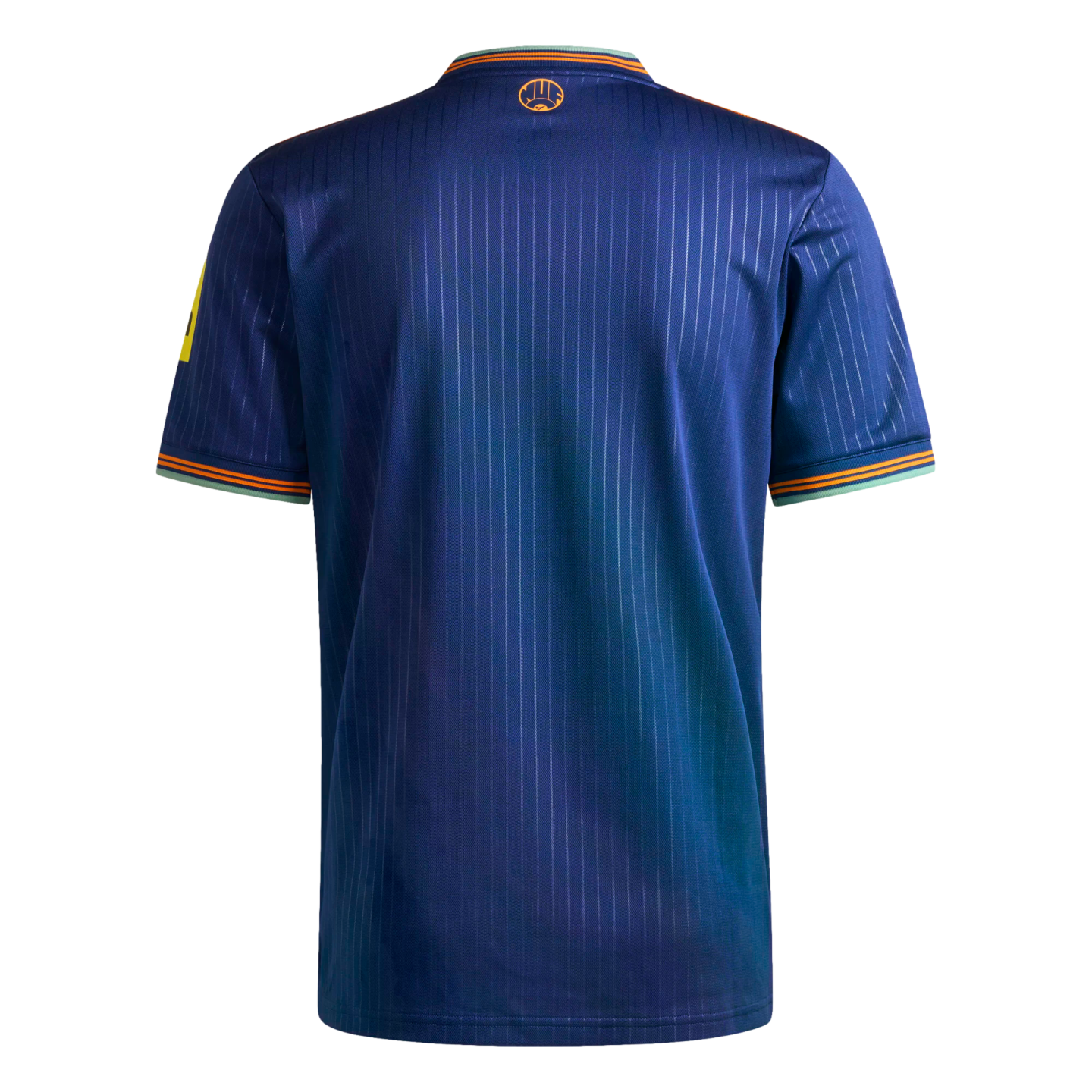 Rear view of a navy blue pinstriped soccer jersey featuring orange and teal accents on the collar and sleeve cuffs.
