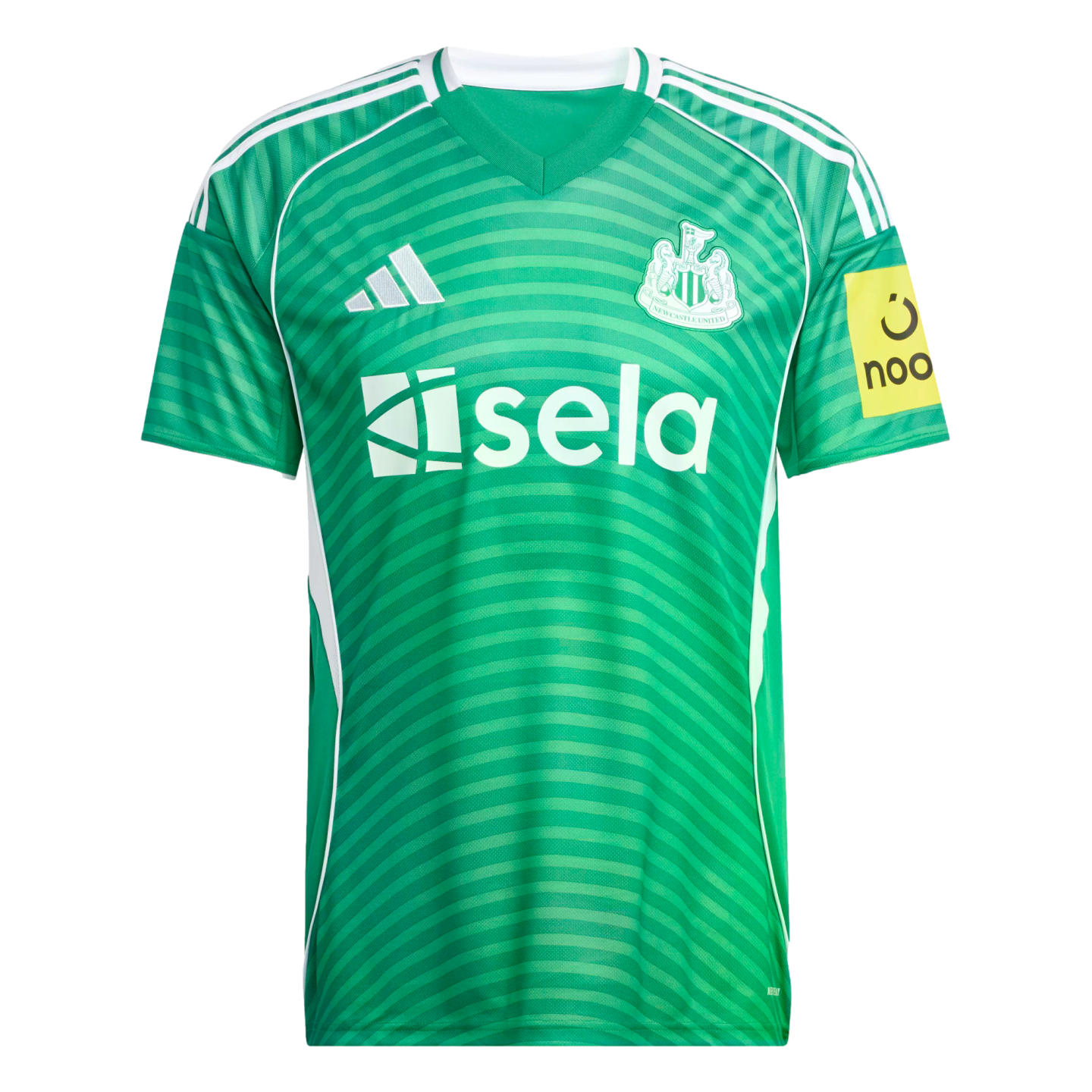 A green Adidas Newcastle United goalkeeper jersey with subtle horizontal stripes, white logos for Sela and the club crest, and a yellow "noon" sponsor patch on the sleeve.