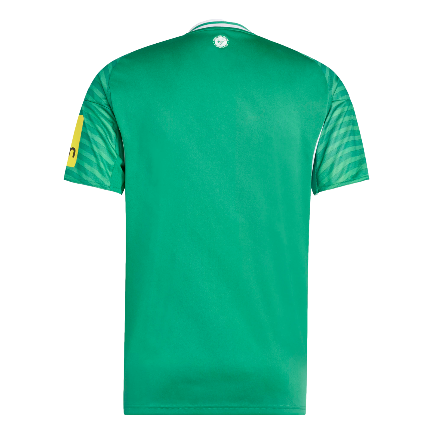 The back of a green Newcastle United football jersey featuring patterned sleeves, white collar trim, and a small club crest positioned just below the neckline.
