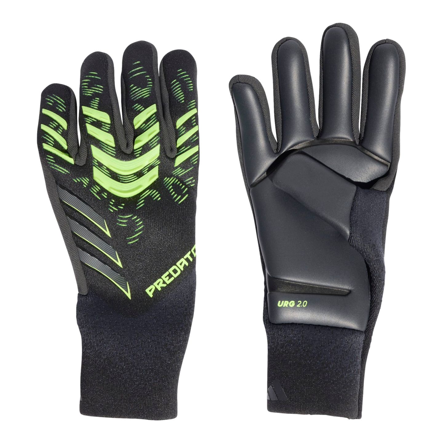 A pair of black and neon green soccer goalkeeper gloves. One view shows the patterned backhand with "PREDATOR" text; the other shows the palm with "URG 2.0" on the wrist.