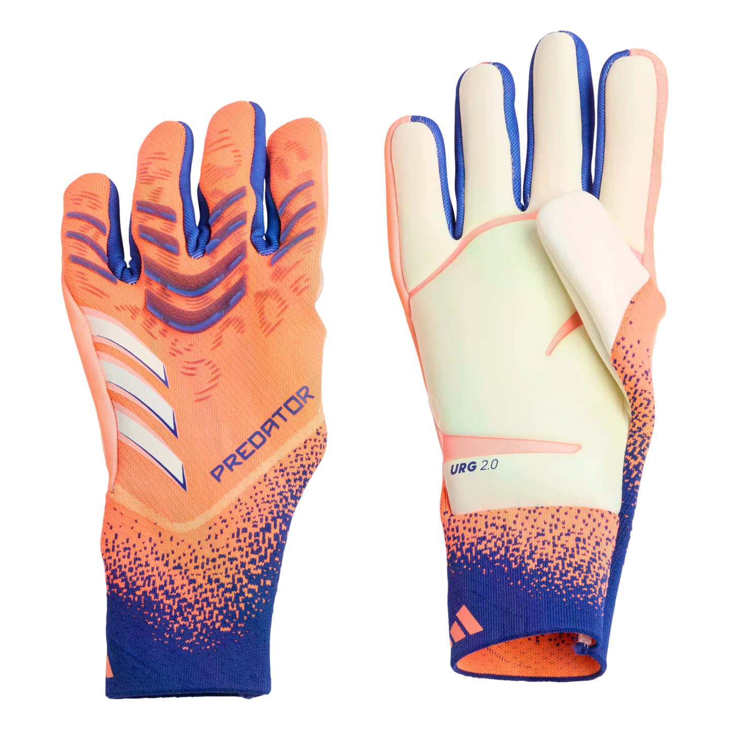 A pair of orange and blue Adidas Predator goalkeeper gloves, showing both the textured orange backhand and the white latex palm.