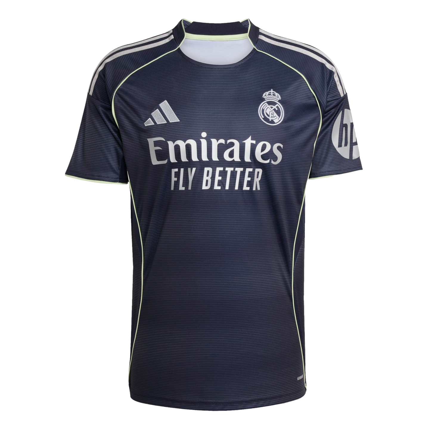 A navy Real Madrid soccer jersey with white Adidas and club logos, "Emirates FLY BETTER" sponsor, and lime green piping accents.