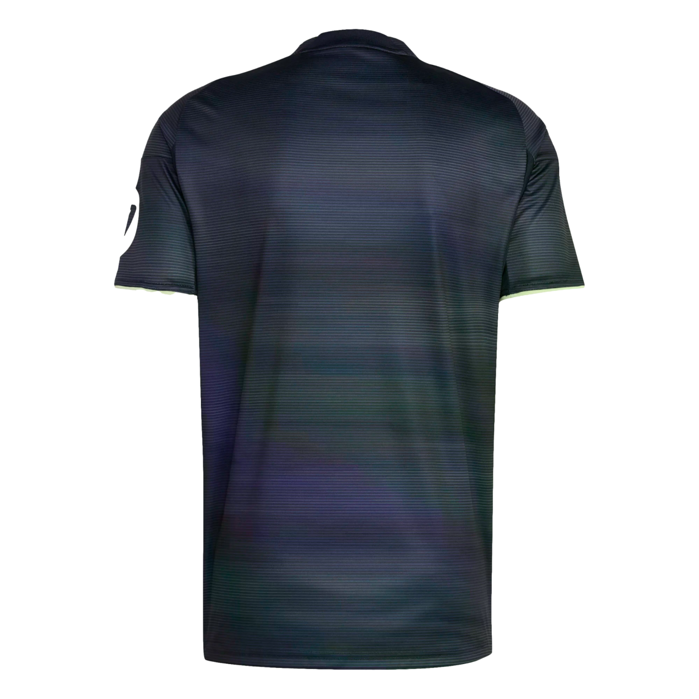 Back view of a dark athletic shirt with fine horizontal ribbing and faint iridescent colors. It features neon yellow trim on the sleeve cuffs.