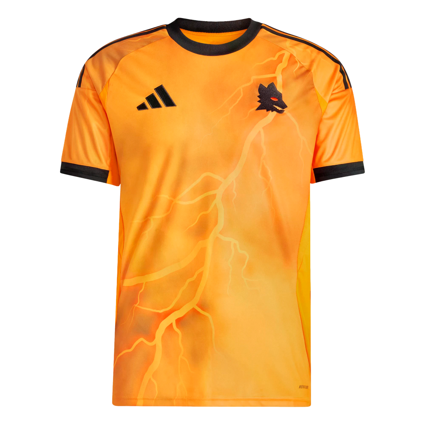 Orange Adidas sports jersey with a lightning bolt graphic, black trim, and a wolf-head logo.