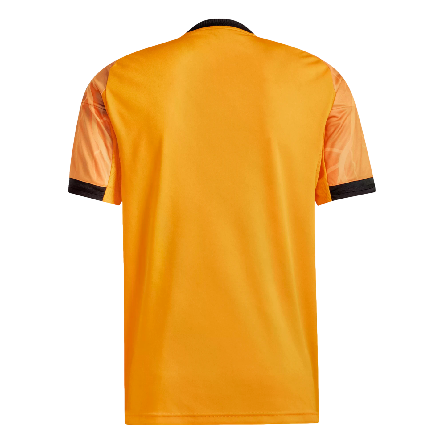 Back view of a bright orange sports jersey with patterned sleeves and black trim at the neck and cuffs, isolated against a black background.