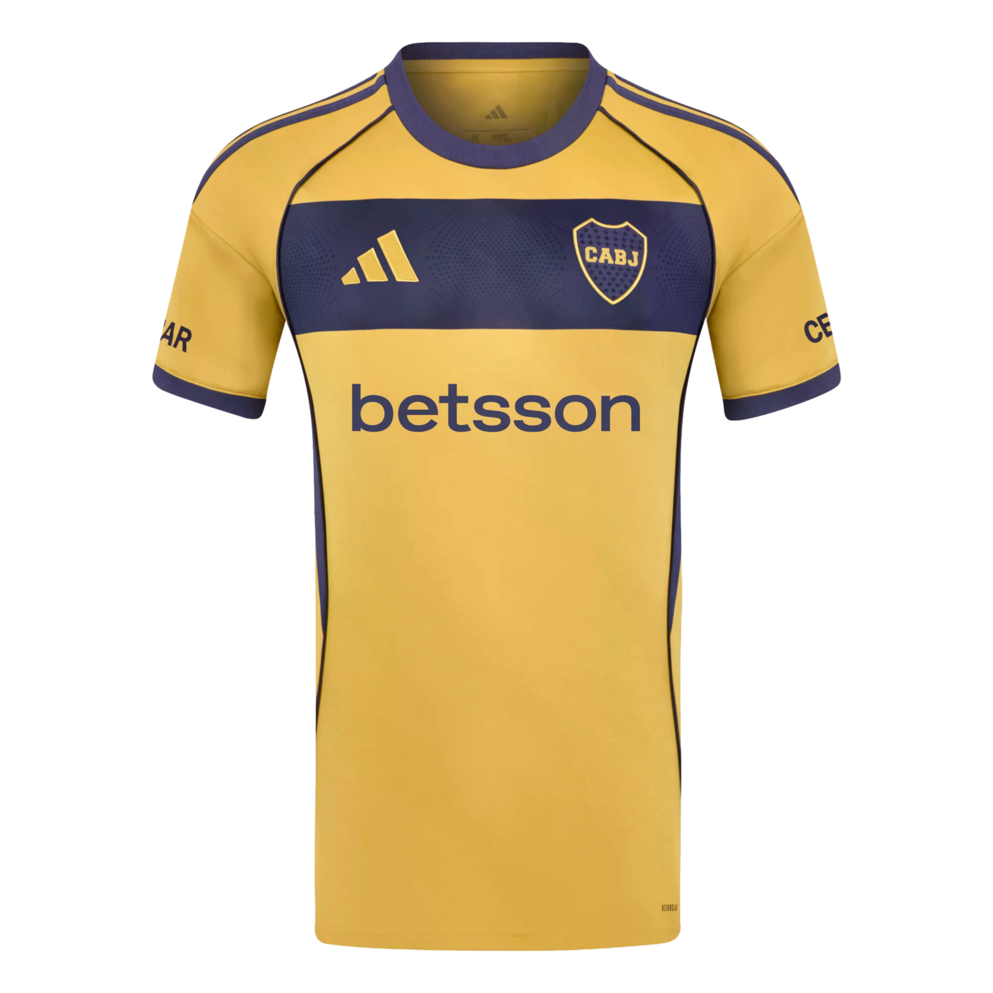 Yellow and navy blue Adidas Boca Juniors soccer jersey featuring a "betsson" sponsor logo and the CABJ crest.