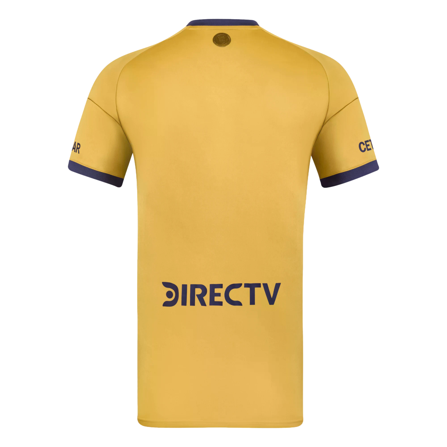 Back view of a gold football jersey with navy blue trim. It features a DIRECTV logo on the lower back and a small gold emblem below the collar.