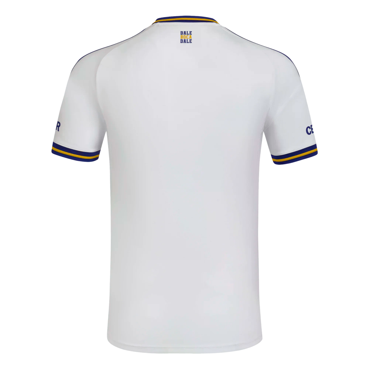 Rear view of a white soccer jersey with blue and yellow trim on the collar and sleeves. 'DALE BOCA DALE' is printed on the upper back.