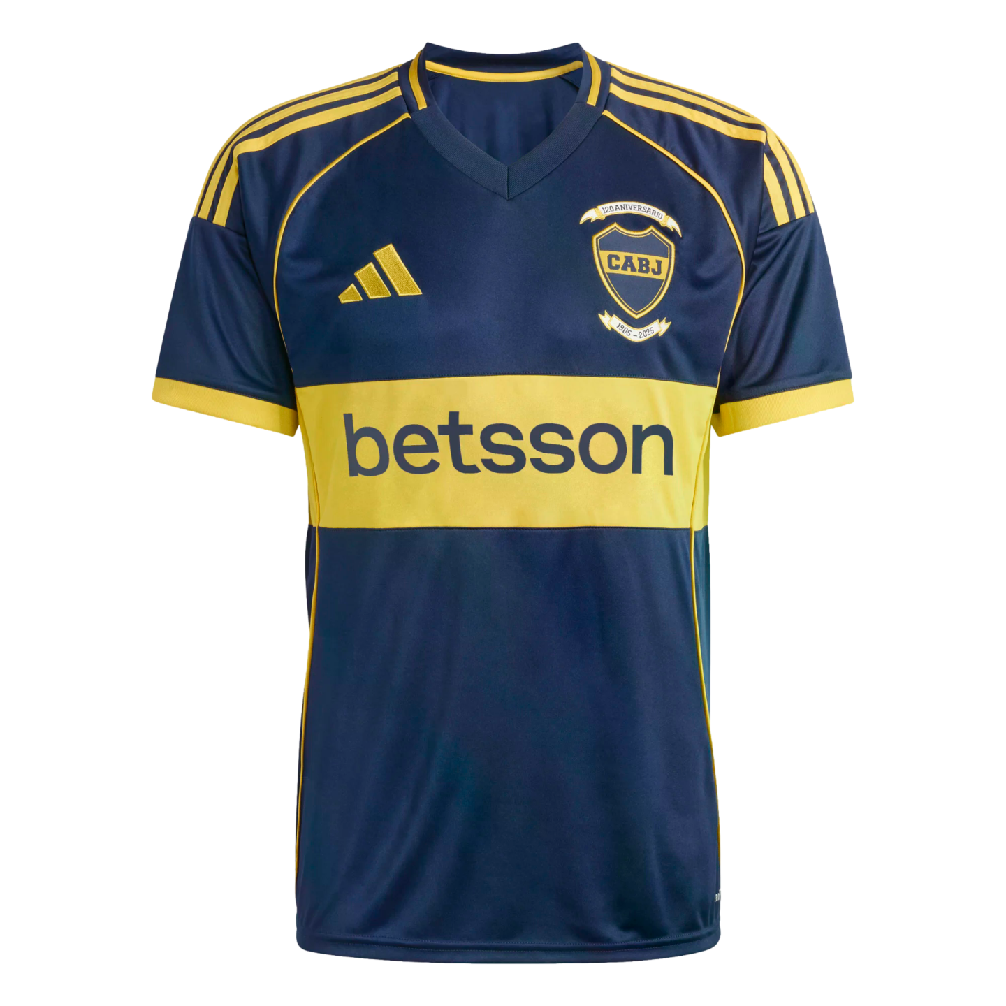 Dark blue soccer jersey with a yellow chest band featuring "betsson". It includes yellow shoulder stripes, an Adidas logo, and a 120th-anniversary CABJ club crest.