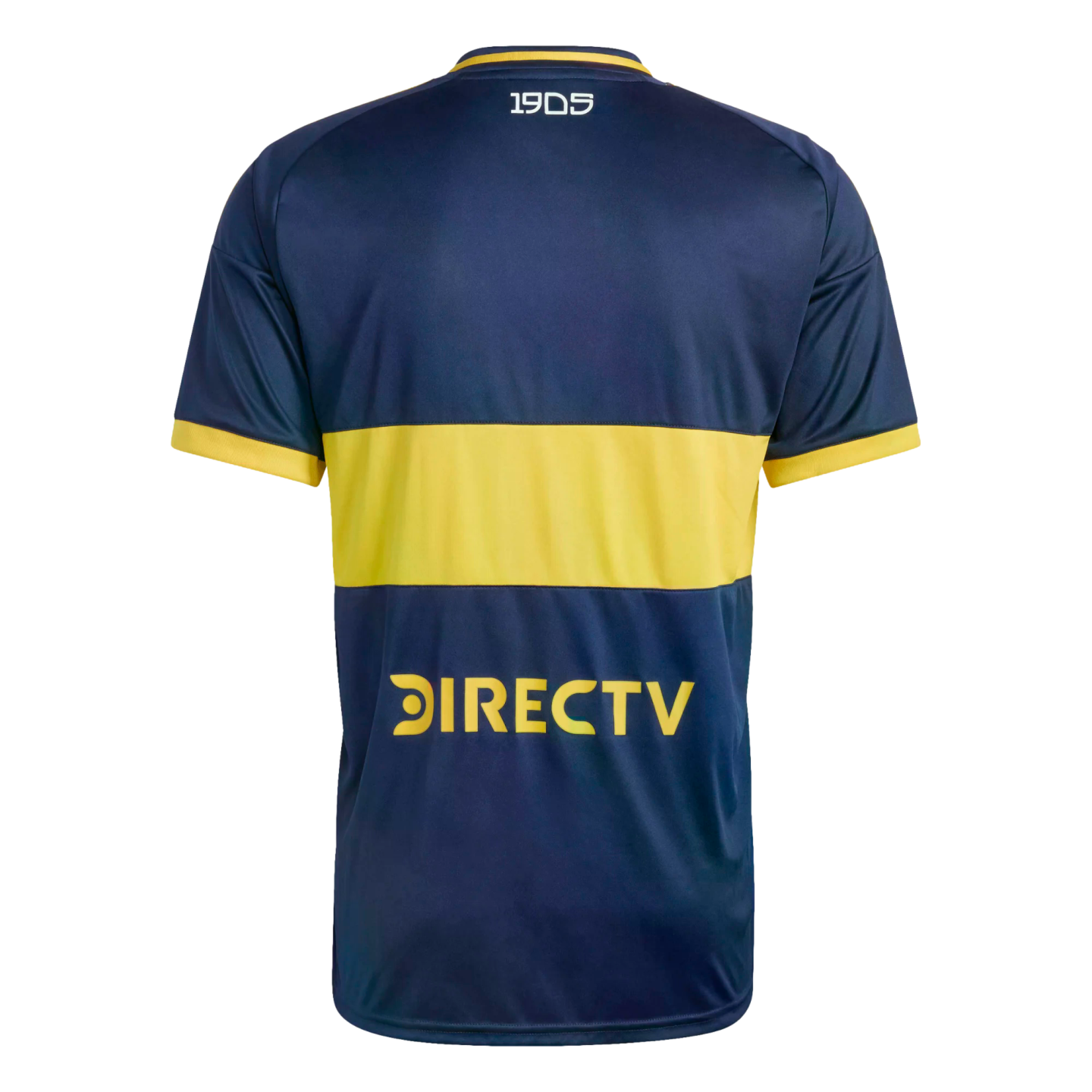 The back of a navy blue Boca Juniors soccer jersey featuring a central yellow band, '1905' at the collar, and a yellow DIRECTV logo on the lower back.
