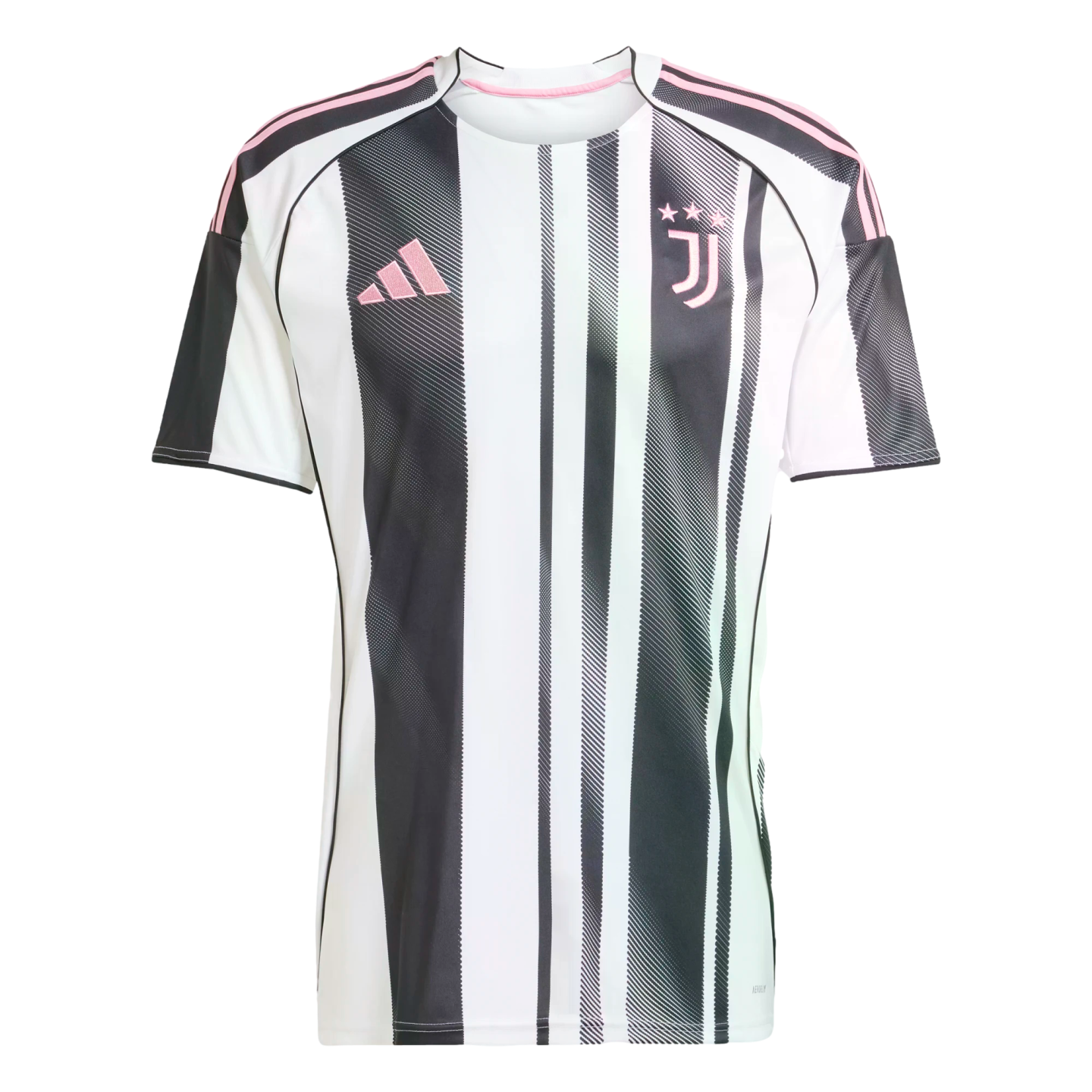 A white and black striped Adidas Juventus soccer jersey with pink accents on the logos and shoulders.