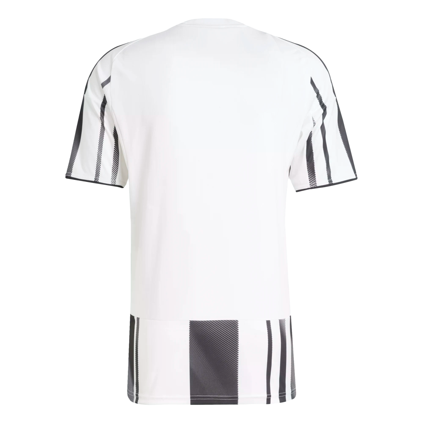 Back view of a white short-sleeved athletic jersey featuring vertical black stripes on the sleeves and a matching striped pattern along the bottom hem.