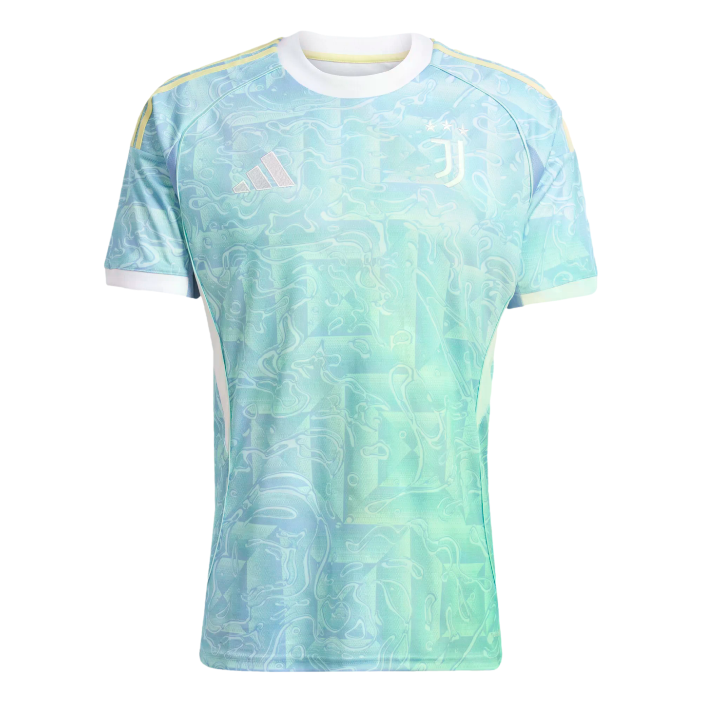 Light blue and mint green patterned Juventus Adidas football jersey with white trim and yellow shoulder stripes.