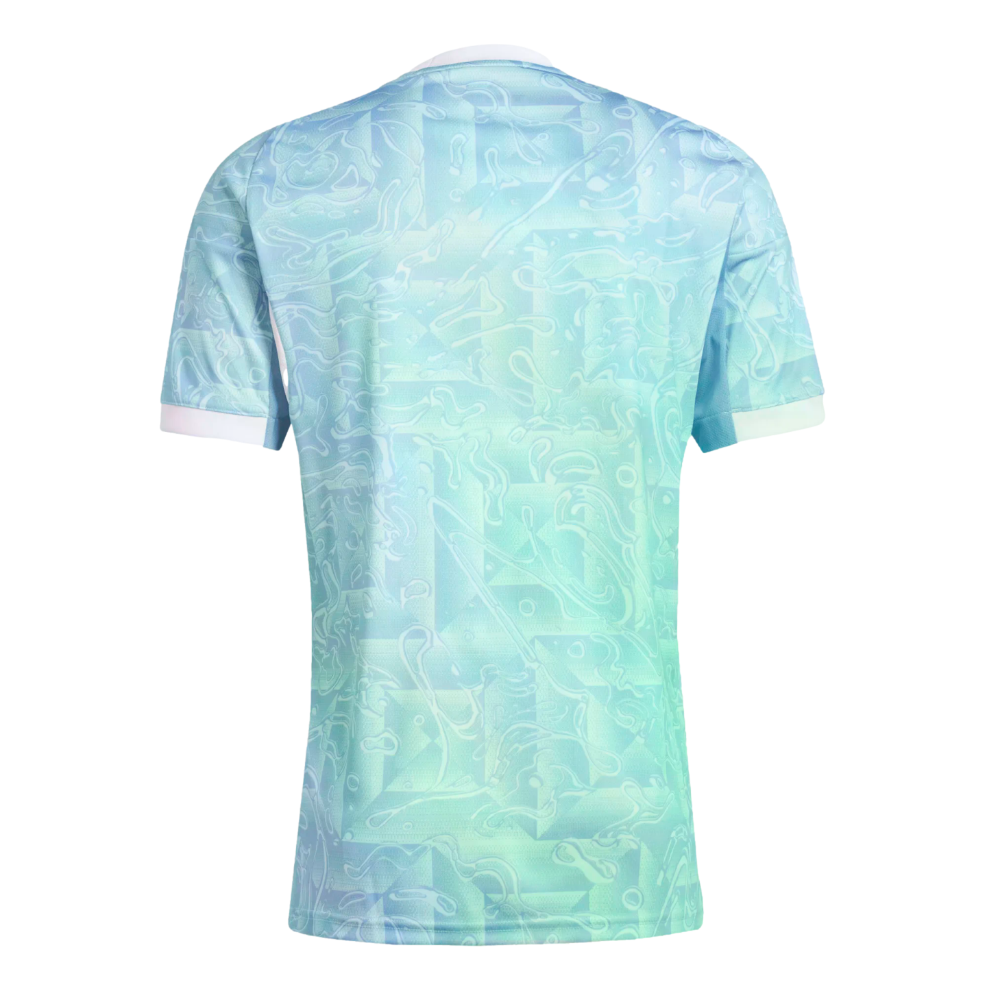 Back view of a light blue and green short-sleeved jersey featuring an intricate swirling graphic pattern and white cuffs and collar.