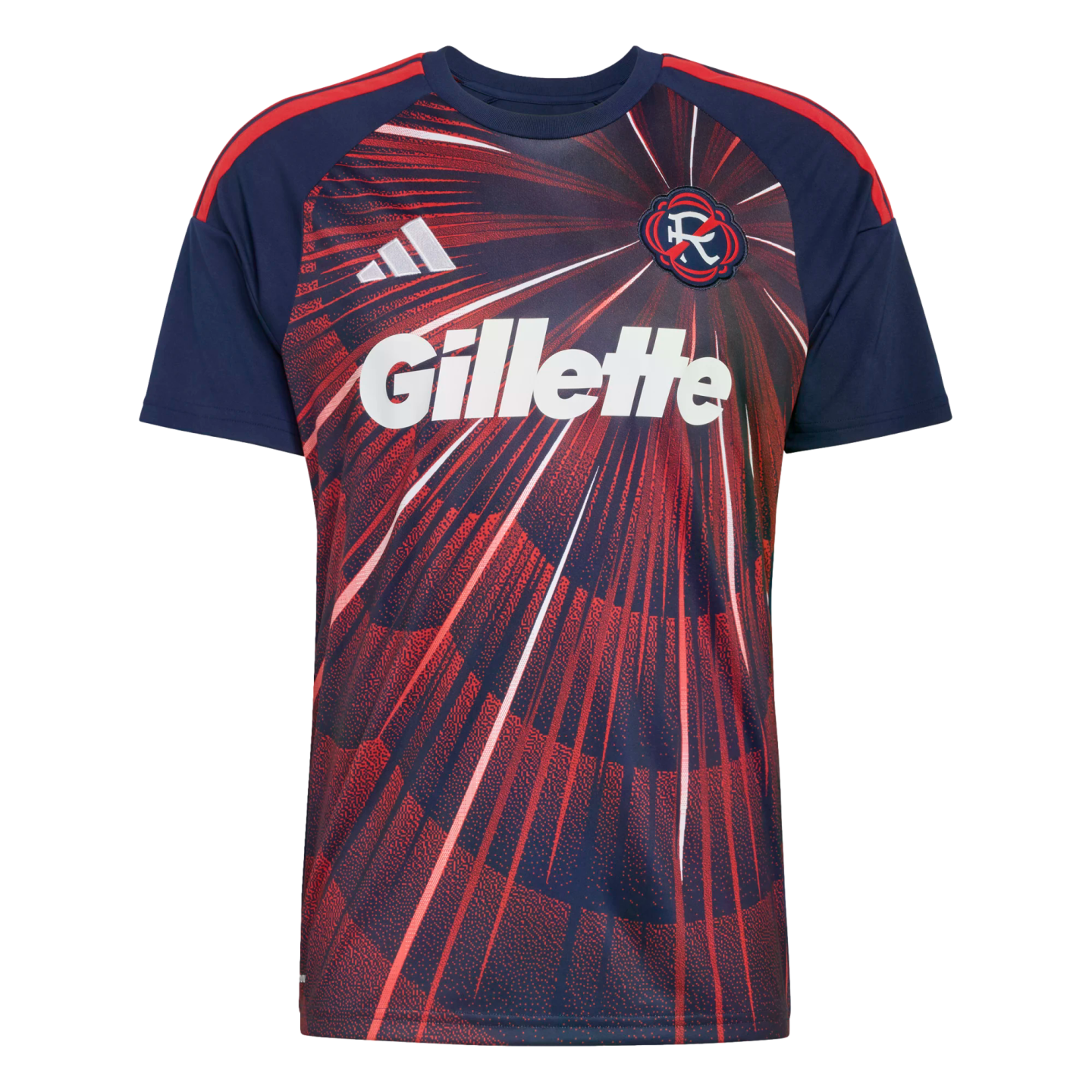 An Adidas New England Revolution soccer jersey with a red and navy radial burst design, featuring a white 'Gillette' sponsor logo across the chest.