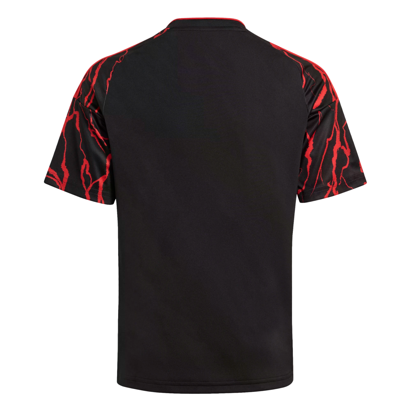 Back view of a black short-sleeved jersey with red lightning-patterned sleeves and a red-trimmed collar.