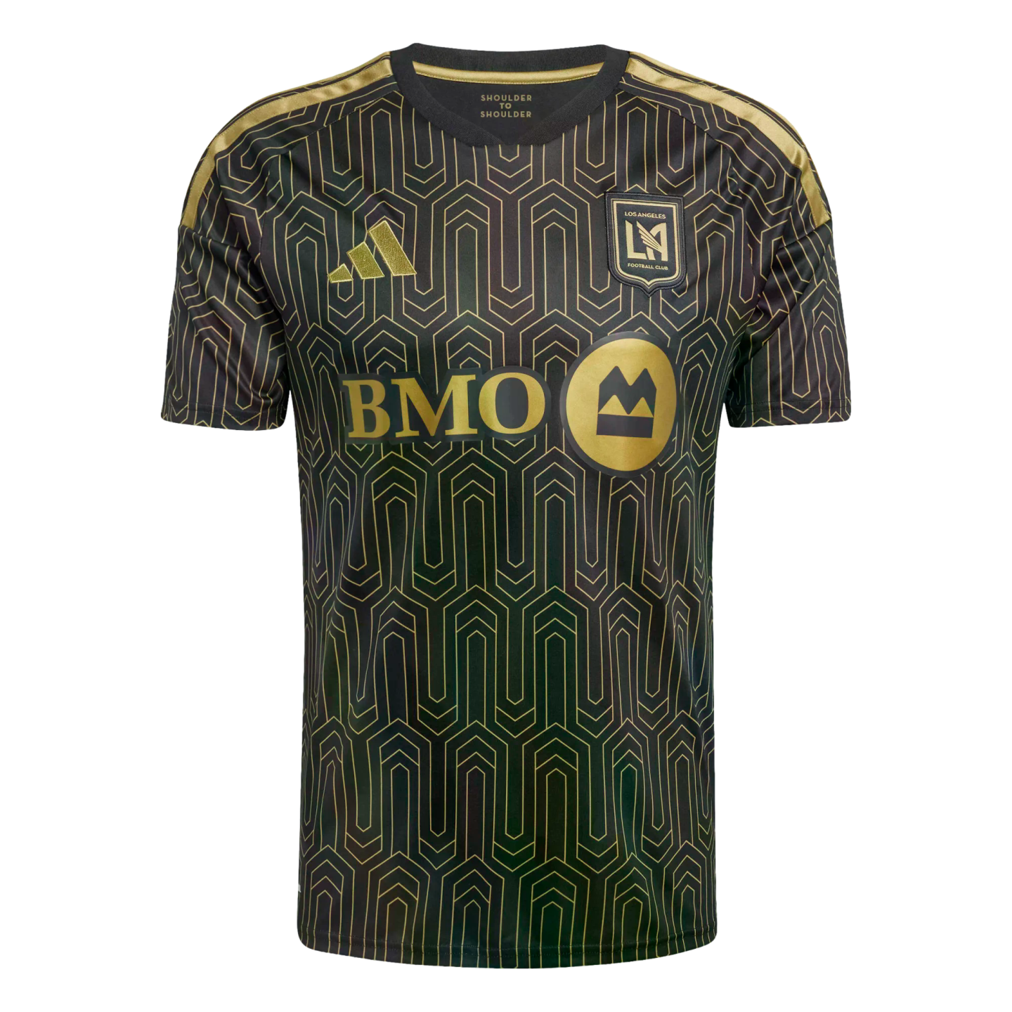 Black LAFC soccer jersey with gold geometric Art Deco-inspired patterns, gold Adidas logo, club crest, and BMO sponsor logo.