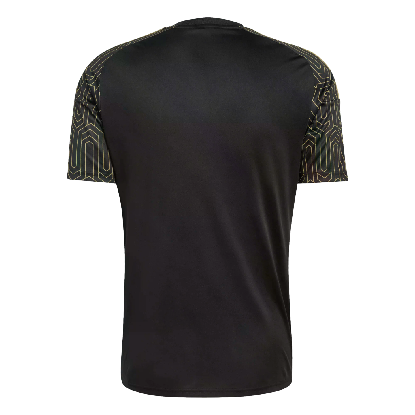 Back of a black short-sleeved jersey featuring gold geometric patterns on the sleeves, set against a solid black background.