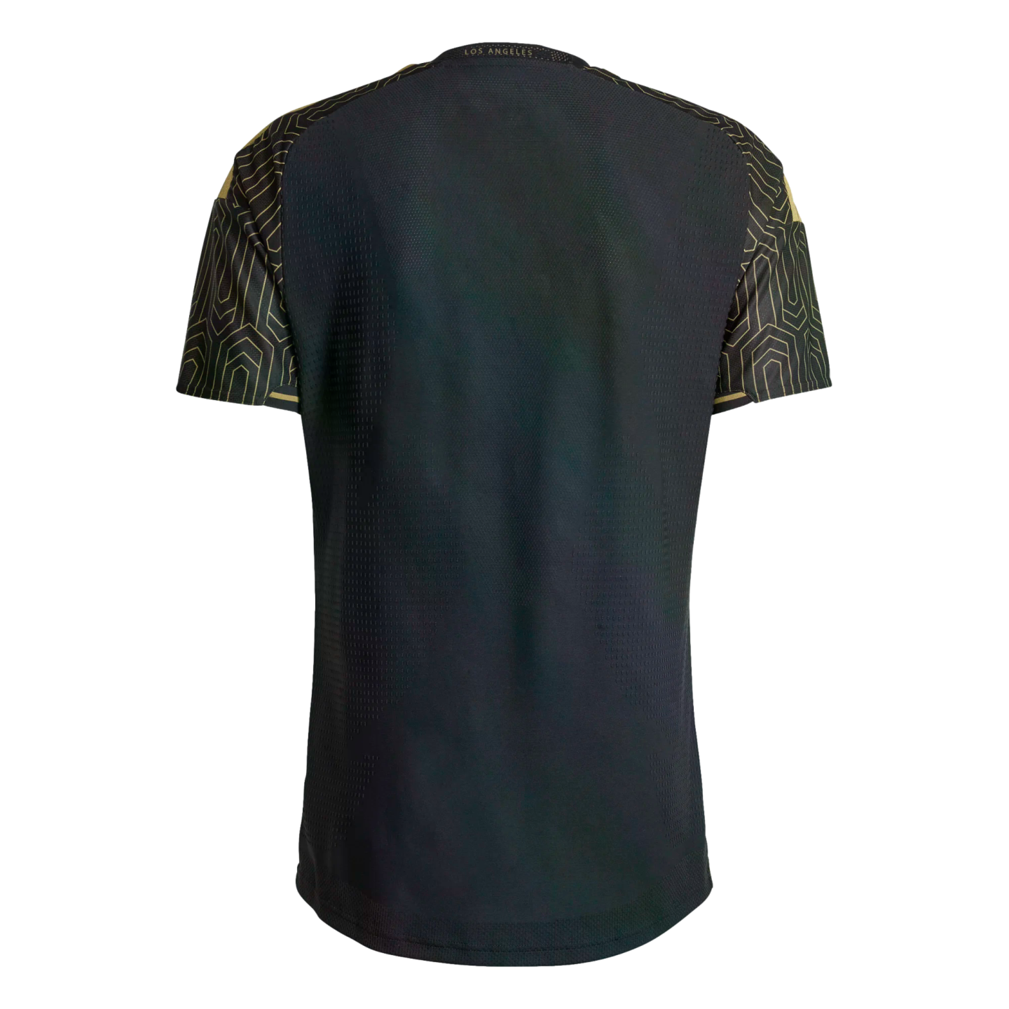 Back view of a black soccer jersey with gold geometric patterns on the sleeves and shoulders. Gold 'LOS ANGELES' text is printed at the back neck.