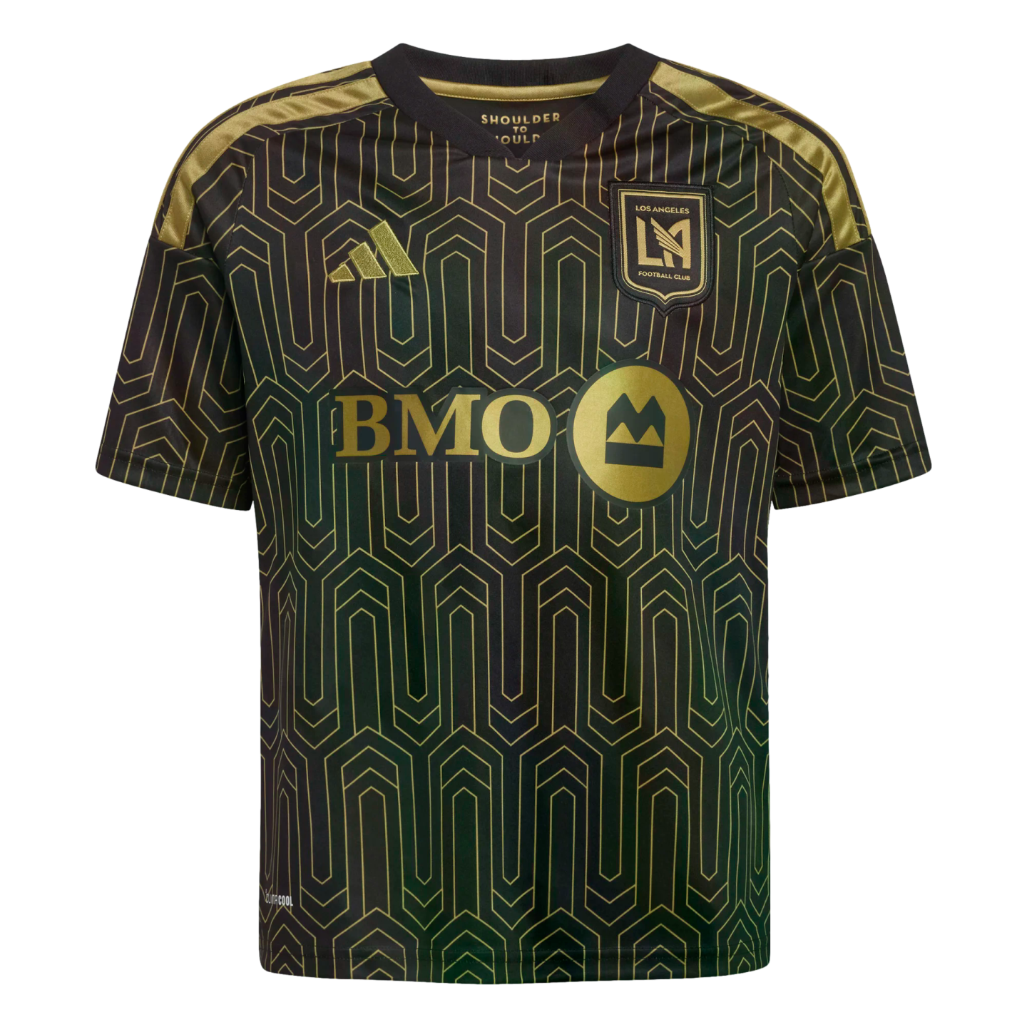 Black and gold Adidas LAFC soccer jersey featuring an intricate geometric pattern and the BMO sponsor logo.