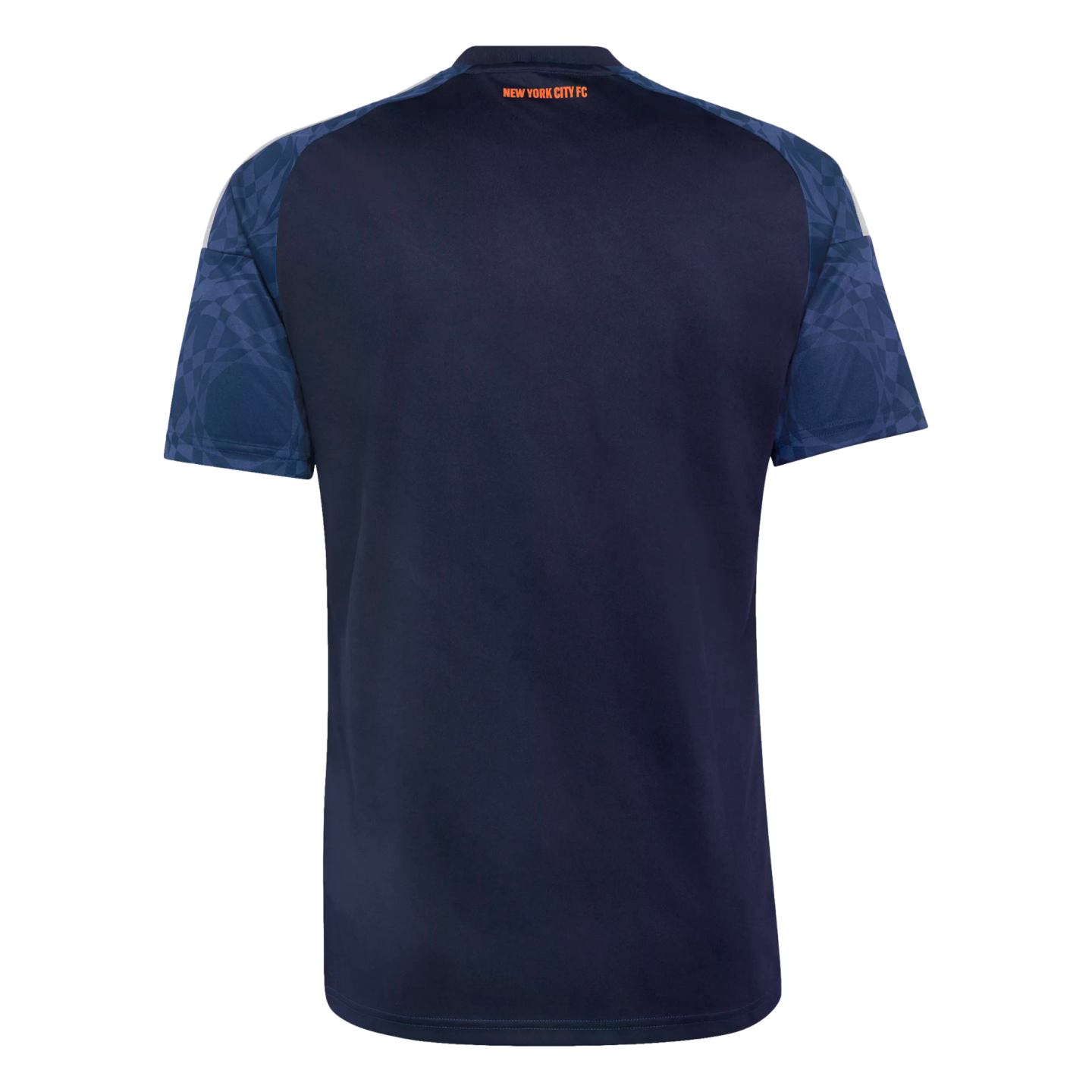 Back view of a navy blue New York City FC soccer jersey with patterned sleeves and orange team name below the collar.